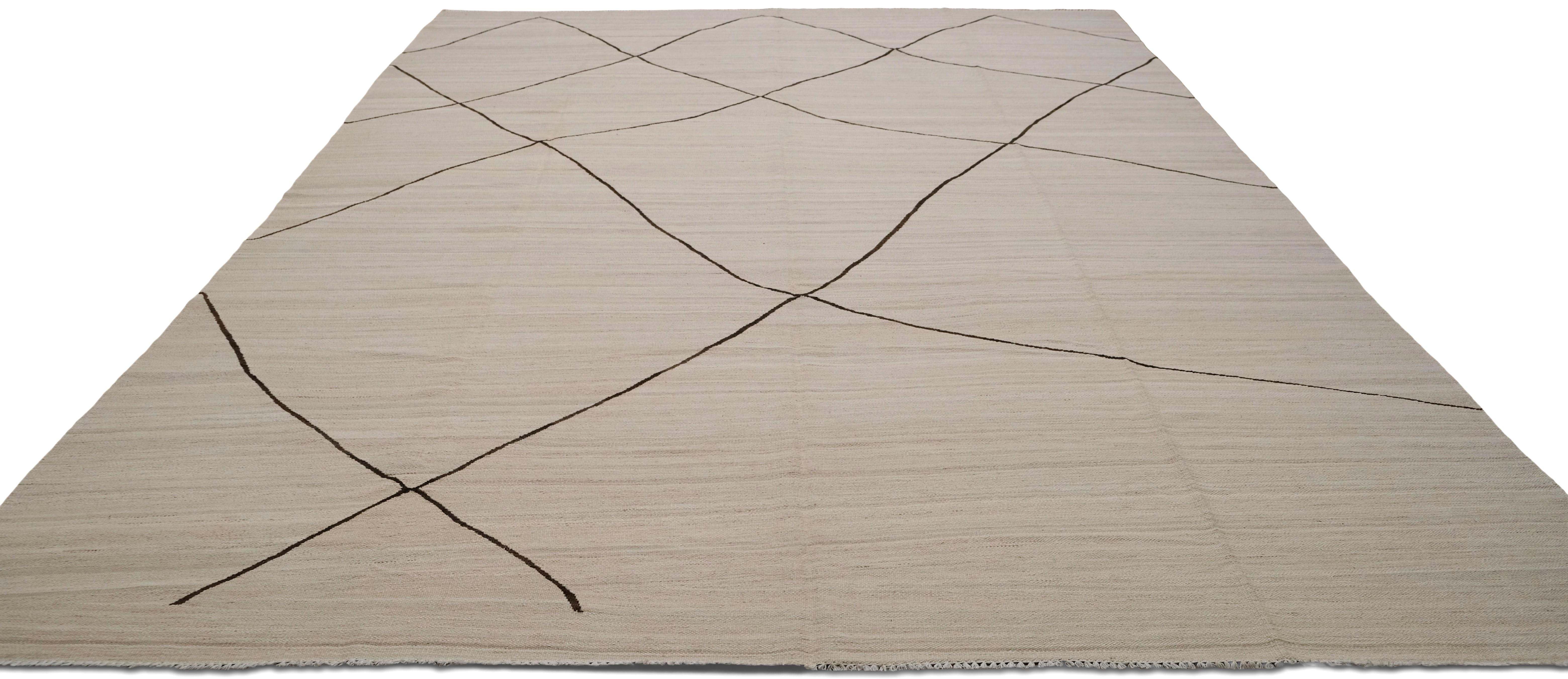 Kilim en laine ivoire et Brown Scandinavian Wave Modernity 9'x12' Neuf - En vente à Torrance, CA