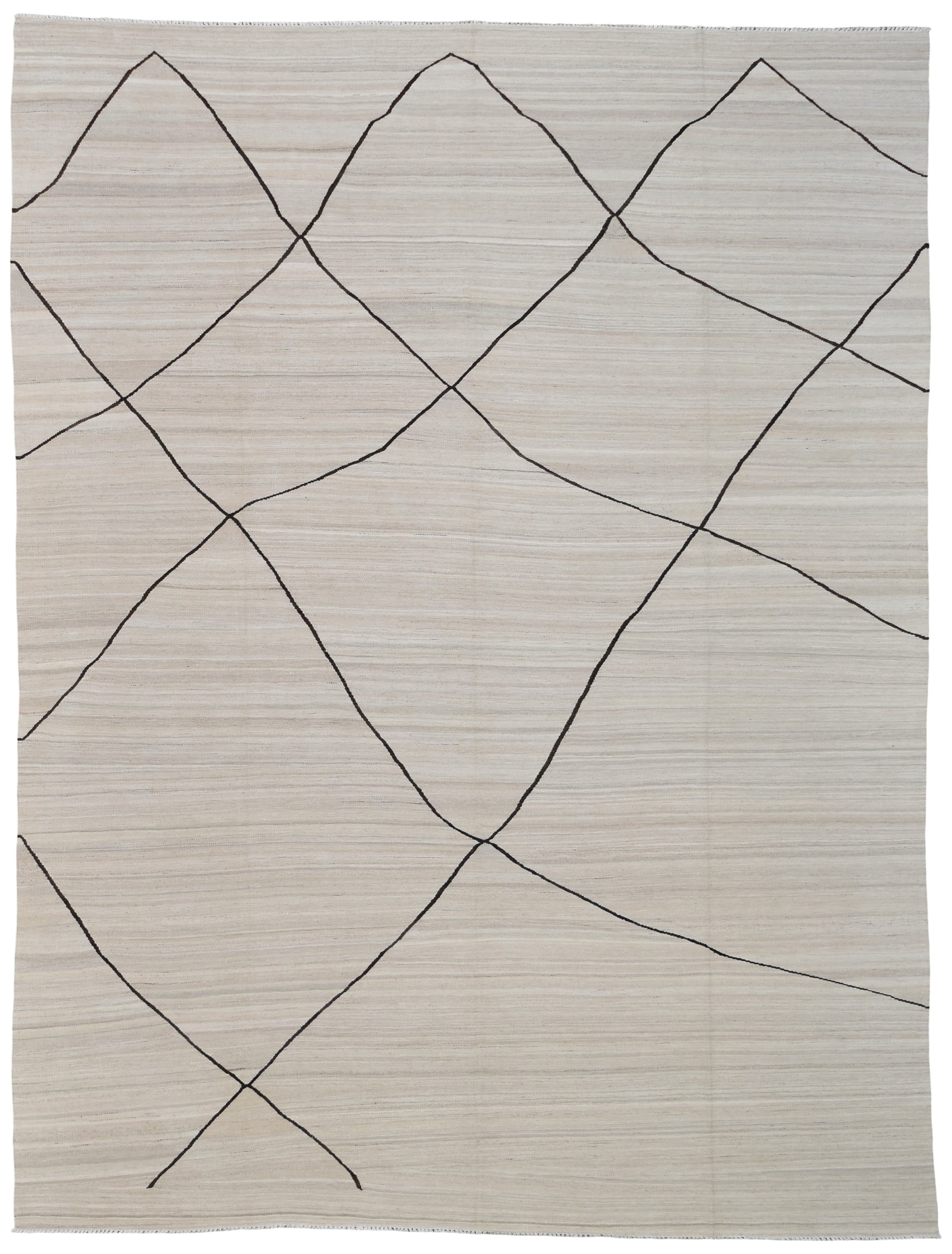 Scandinavian Wave Modern Ivory and Brown Wool Kilim 9'x12'