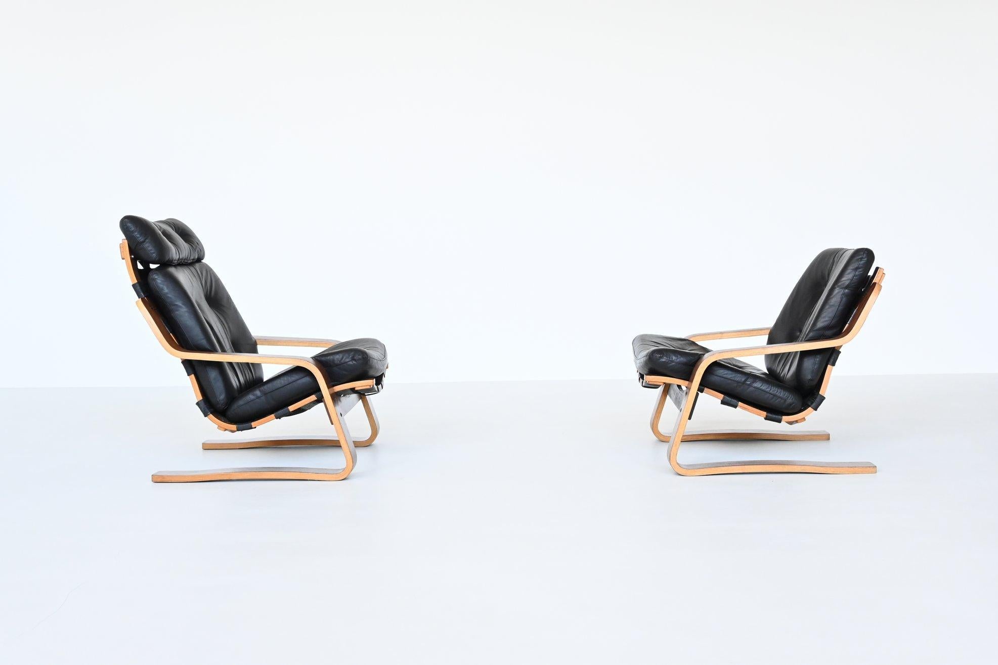 Mid-Century Modern Scandinavian Wenge Plywood Pair of Lounge Chairs, Norway, 1970