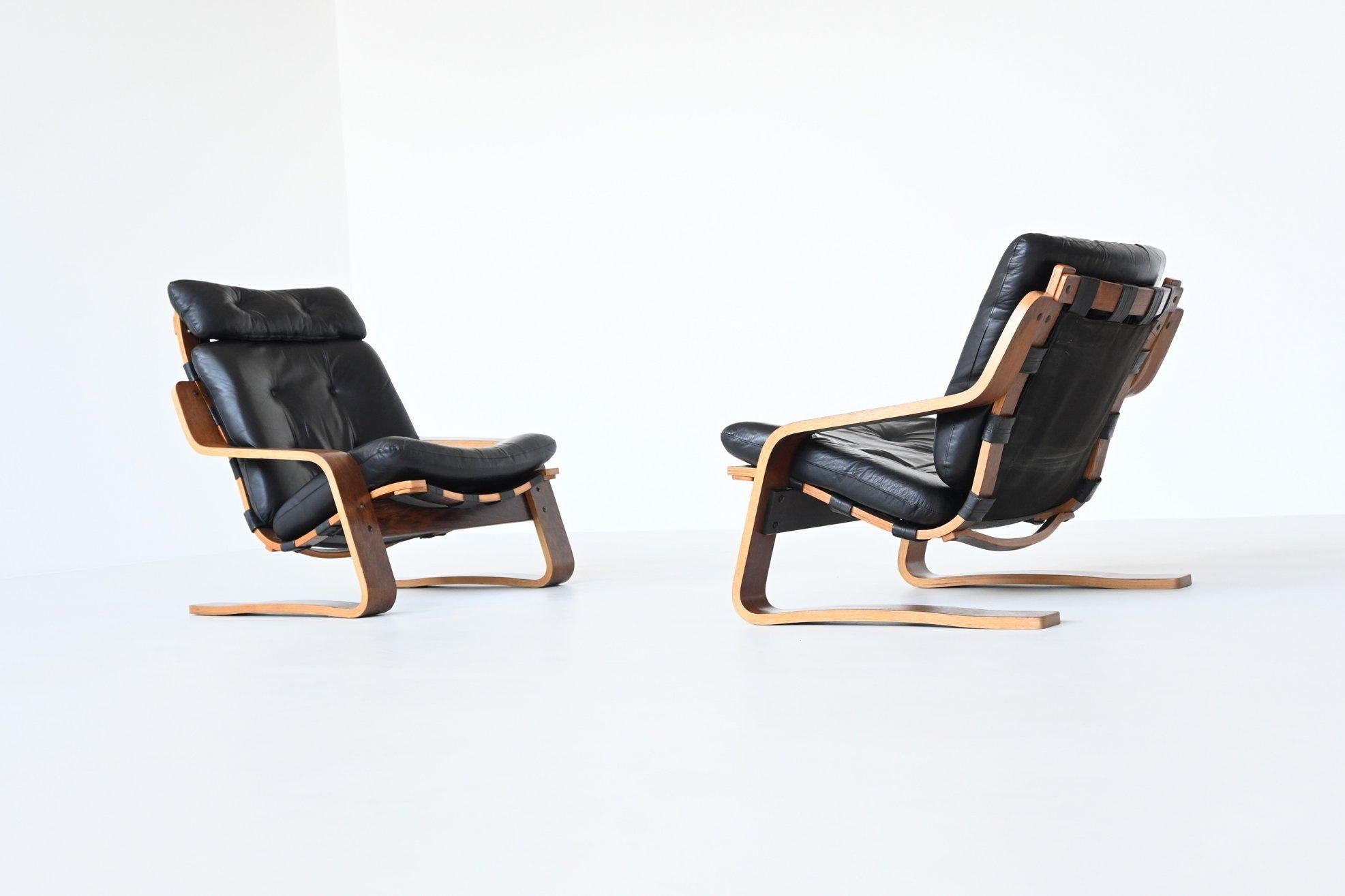 Norwegian Scandinavian Wenge Plywood Pair of Lounge Chairs, Norway, 1970