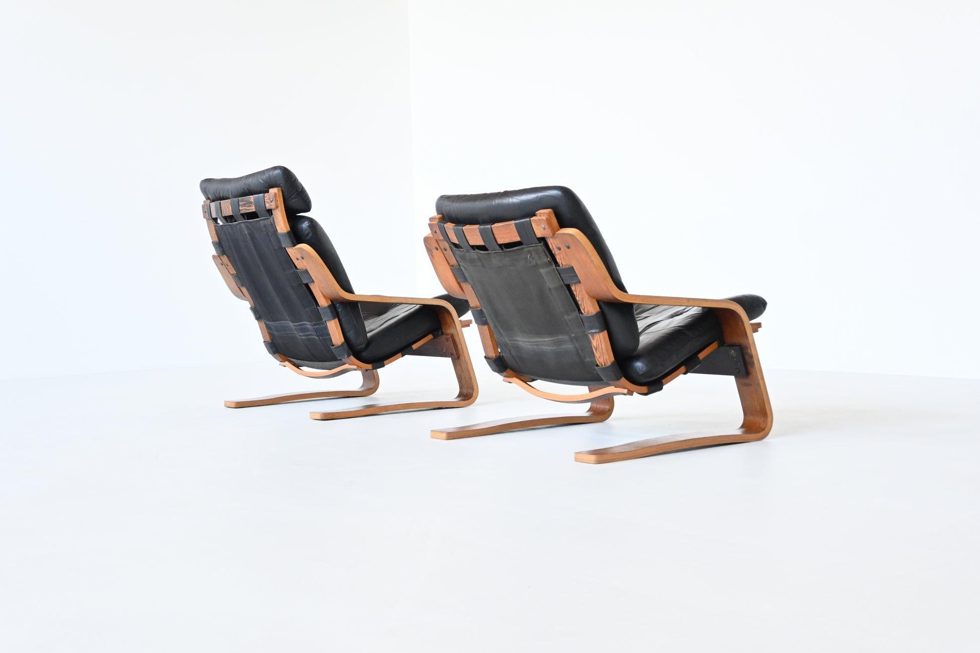Leather Scandinavian Wenge Plywood Pair of Lounge Chairs, Norway, 1970
