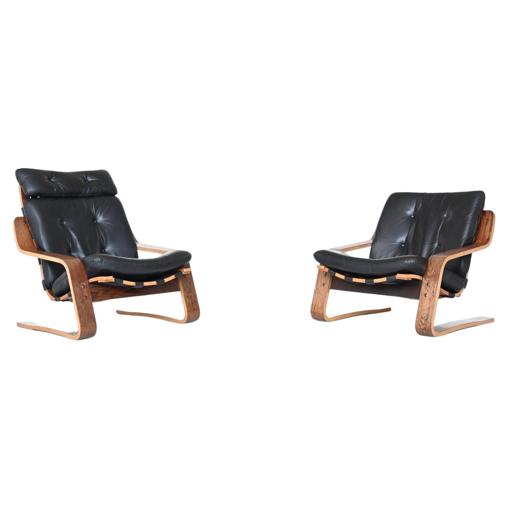 Scandinavian Wenge Plywood Pair of Lounge Chairs, Norway, 1970