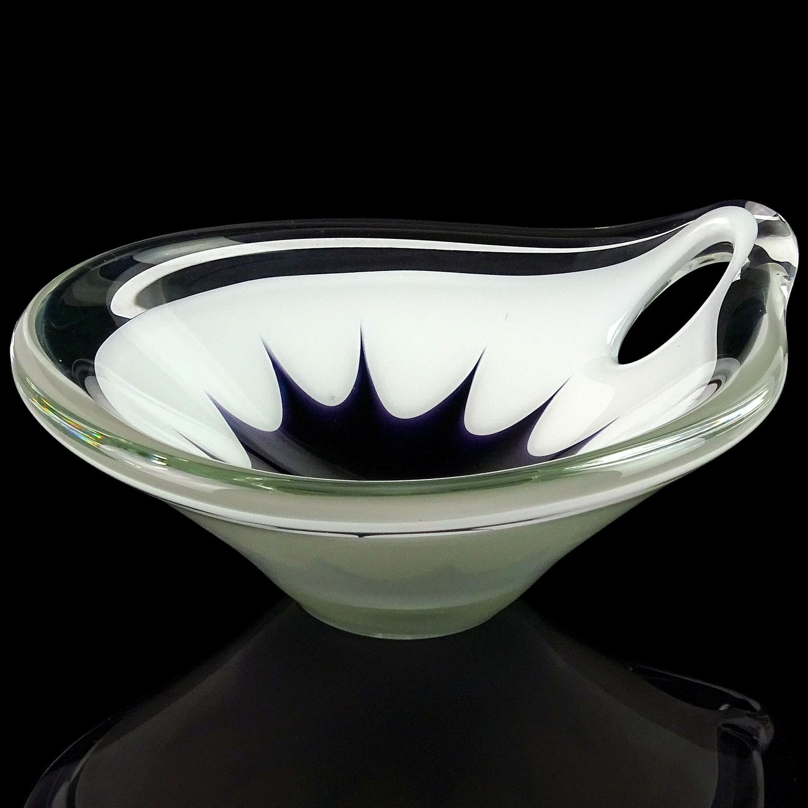 Hand-Crafted Scandinavian White Black Star Design Pierced Handle Art Glass Decorative Bowl For Sale