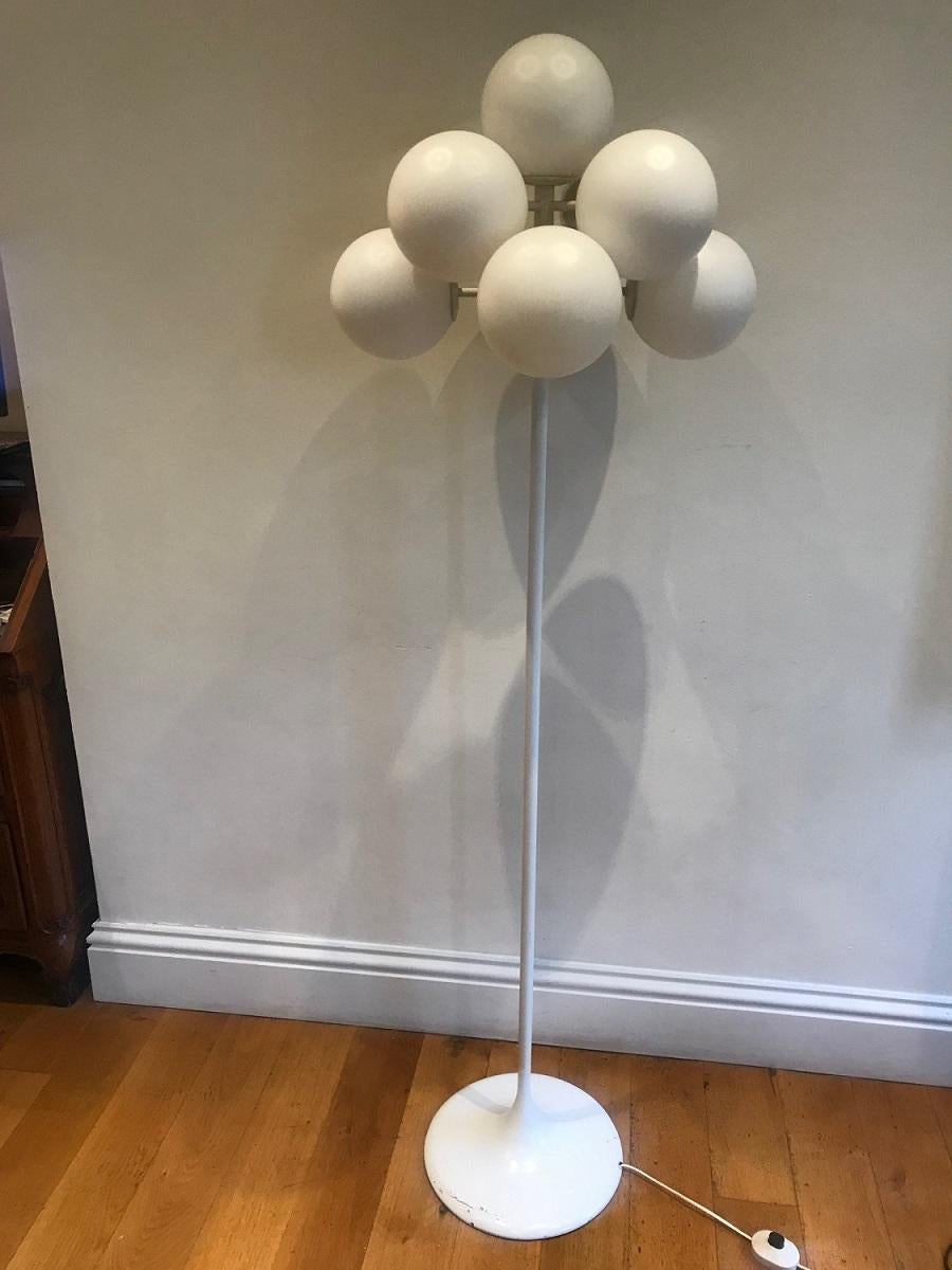 A stunning 1970s Scandinavian white cast aluminum with 9 opaline illuminating globes. Reminiscent of Verner Panton or Vico Magistretti. Looks great lit or unlit, a fabulous rare statement piece.