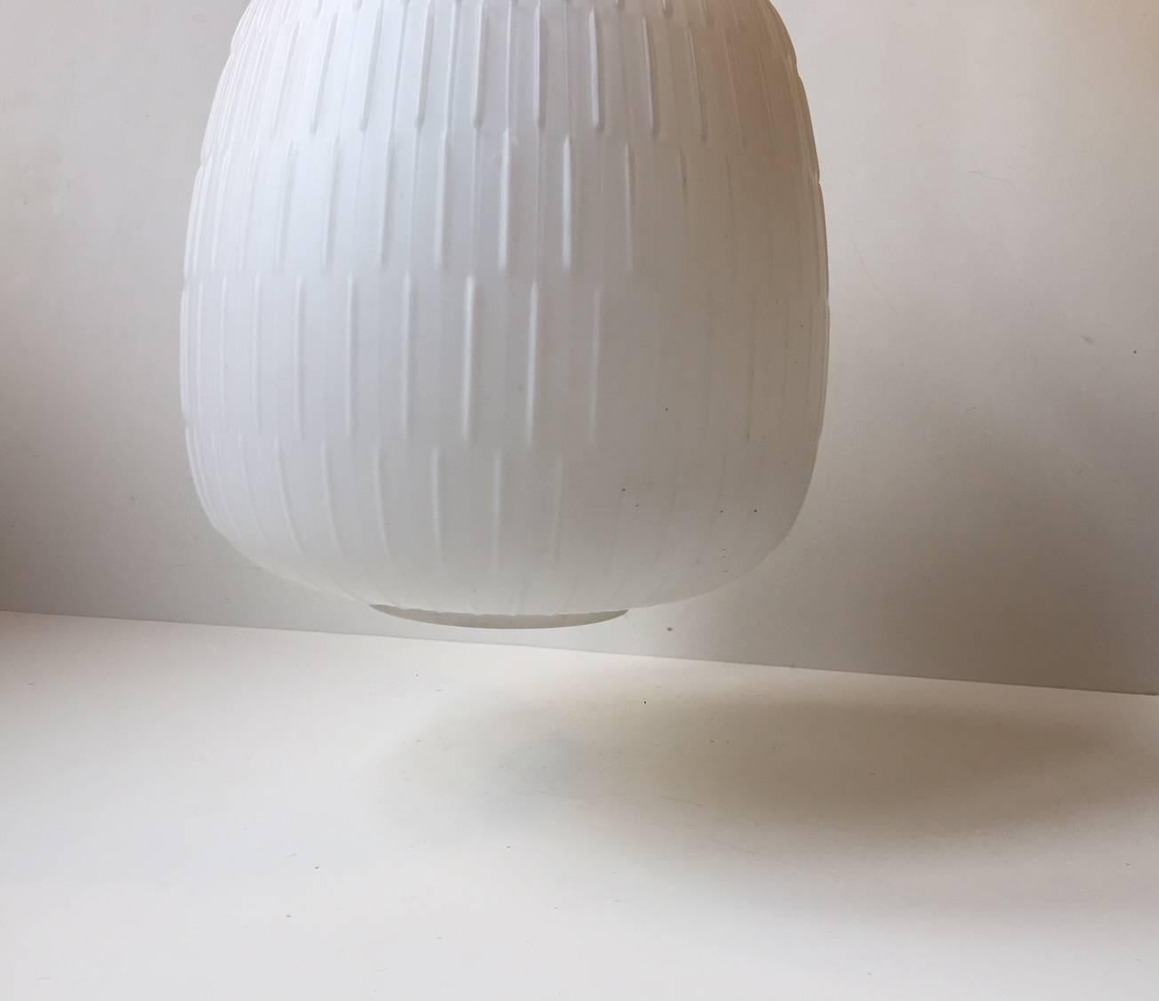 Danish Scandinavian White Reeded Opaline Glass and Brass Pendant Lamp, 1950s