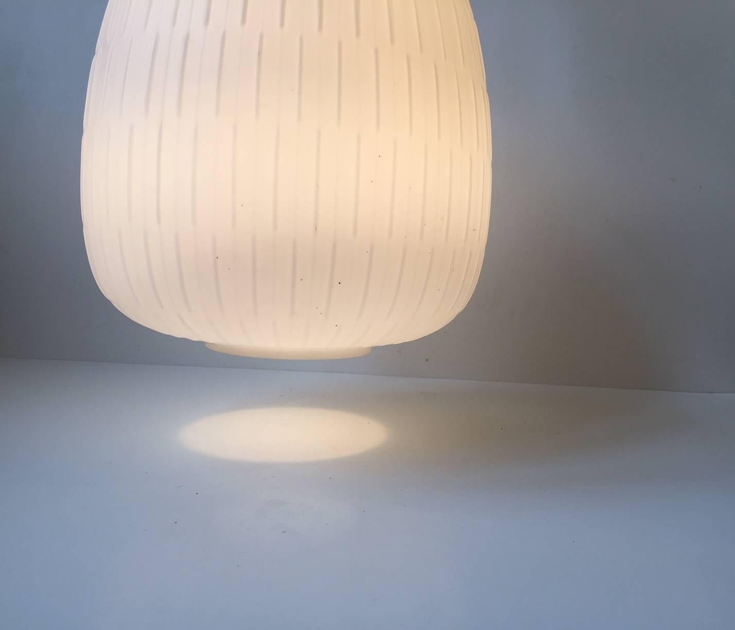 Scandinavian White Reeded Opaline Glass and Brass Pendant Lamp, 1950s In Good Condition In Esbjerg, DK