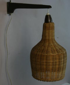 Scandinavian Wicker and Hardwood Swivel Wall Light, Rewired, 1960s