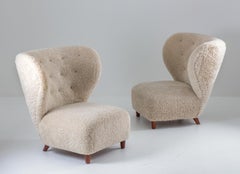 Scandinavian Wingback Lounge Chairs in Sheepskin, 1930s