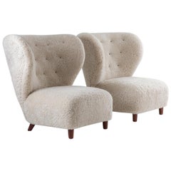 Scandinavian Wingback Lounge Chairs in Sheepskin, 1930s