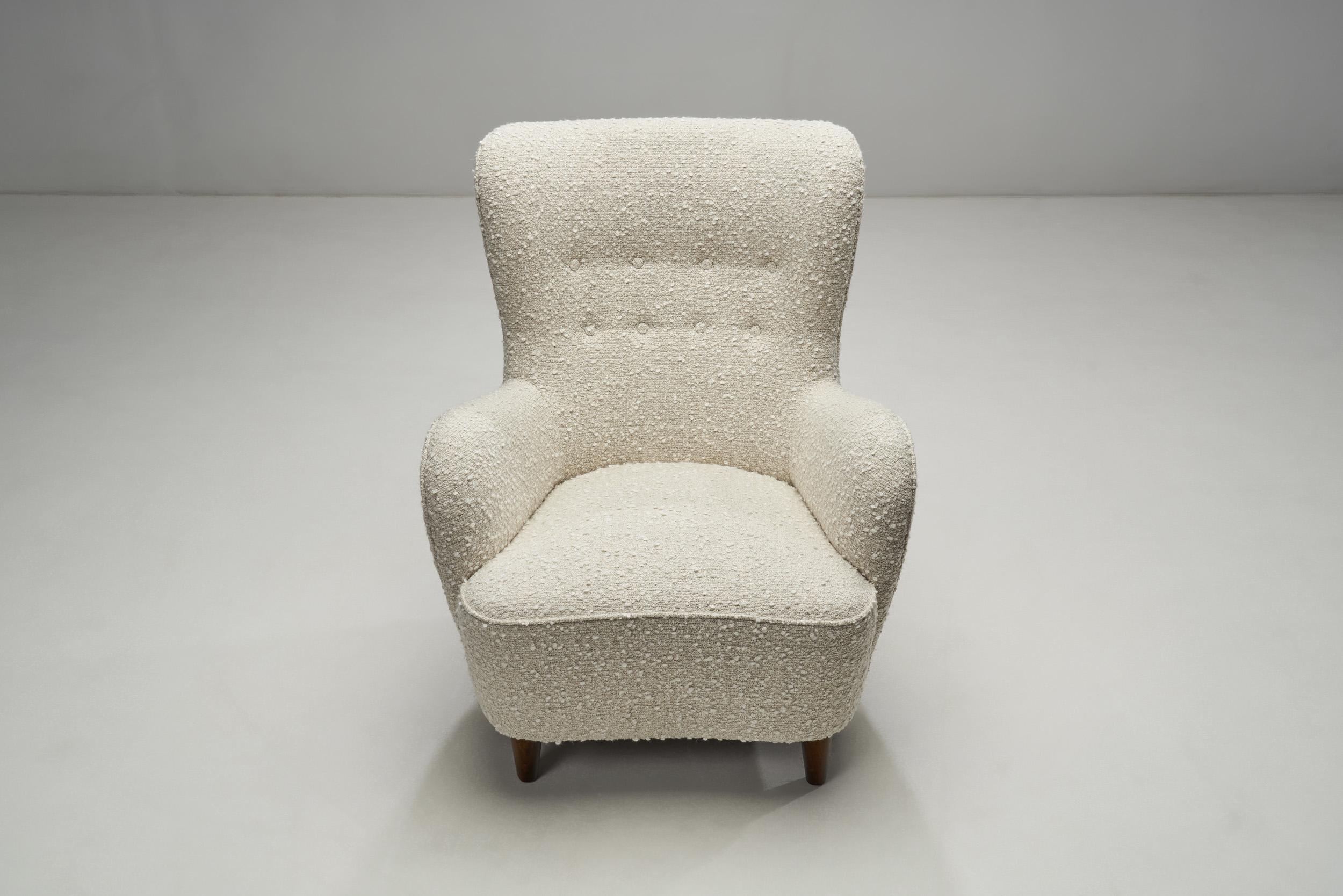Scandinavian Wingback Armchair Upholstered in Bouclé, Scandinavia, 1950s For Sale 1