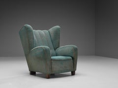 Scandinavian Wingback Chair in Ocean Blue Upholstery and Wood