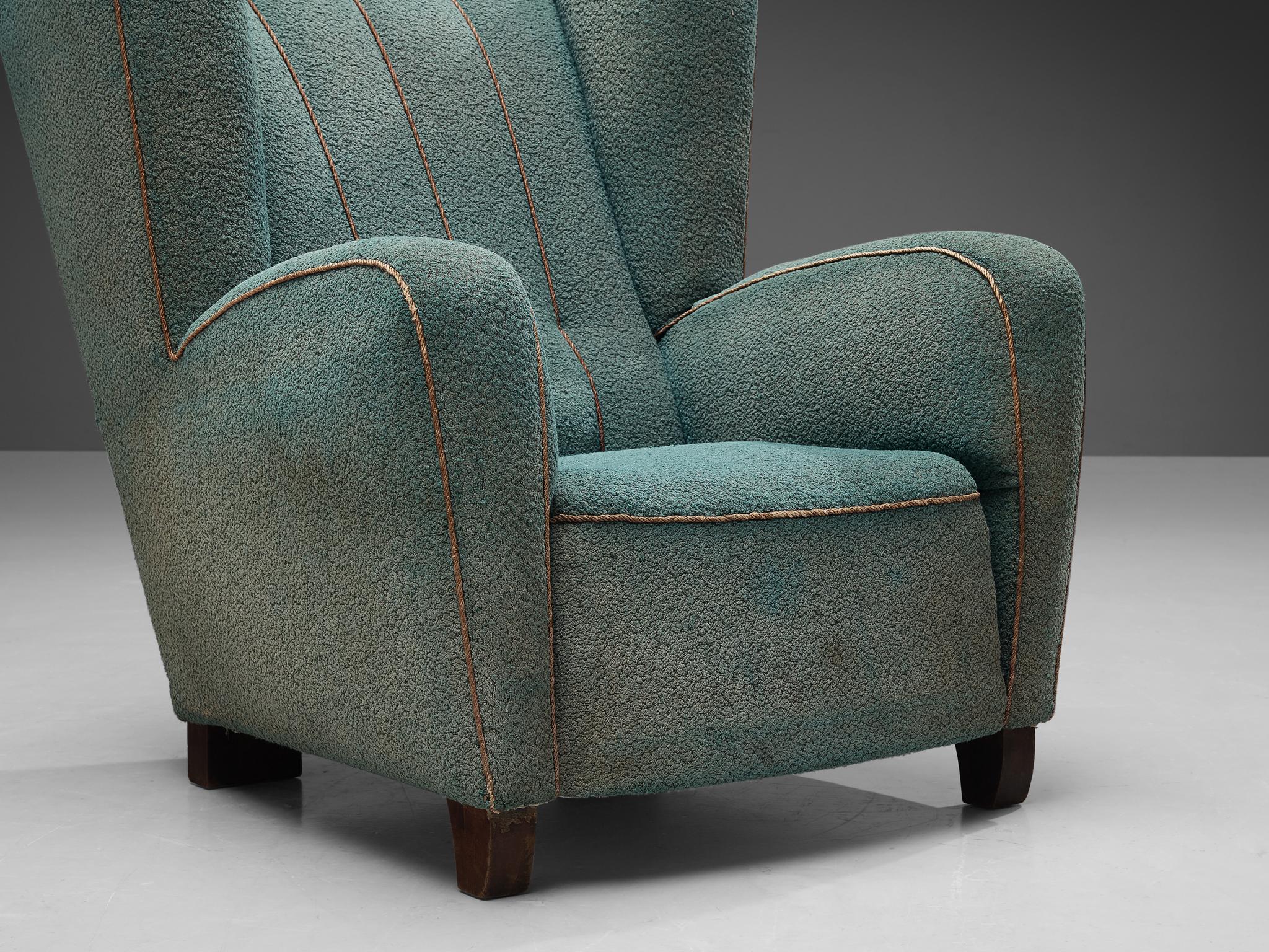 Fabric Scandinavian Wingback Chair in Ocean Blue Upholstery For Sale