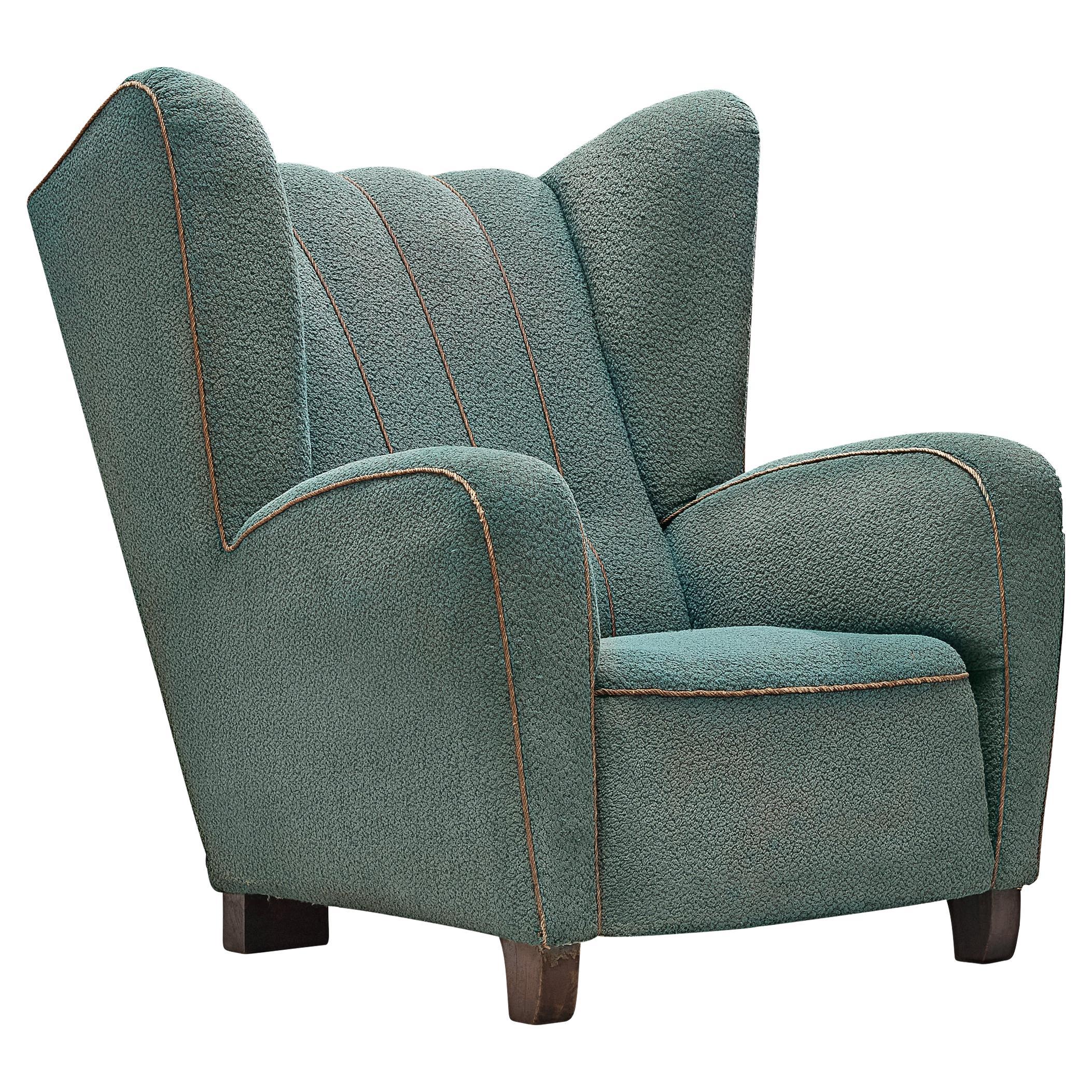Scandinavian Wingback Chair in Ocean Blue Upholstery For Sale