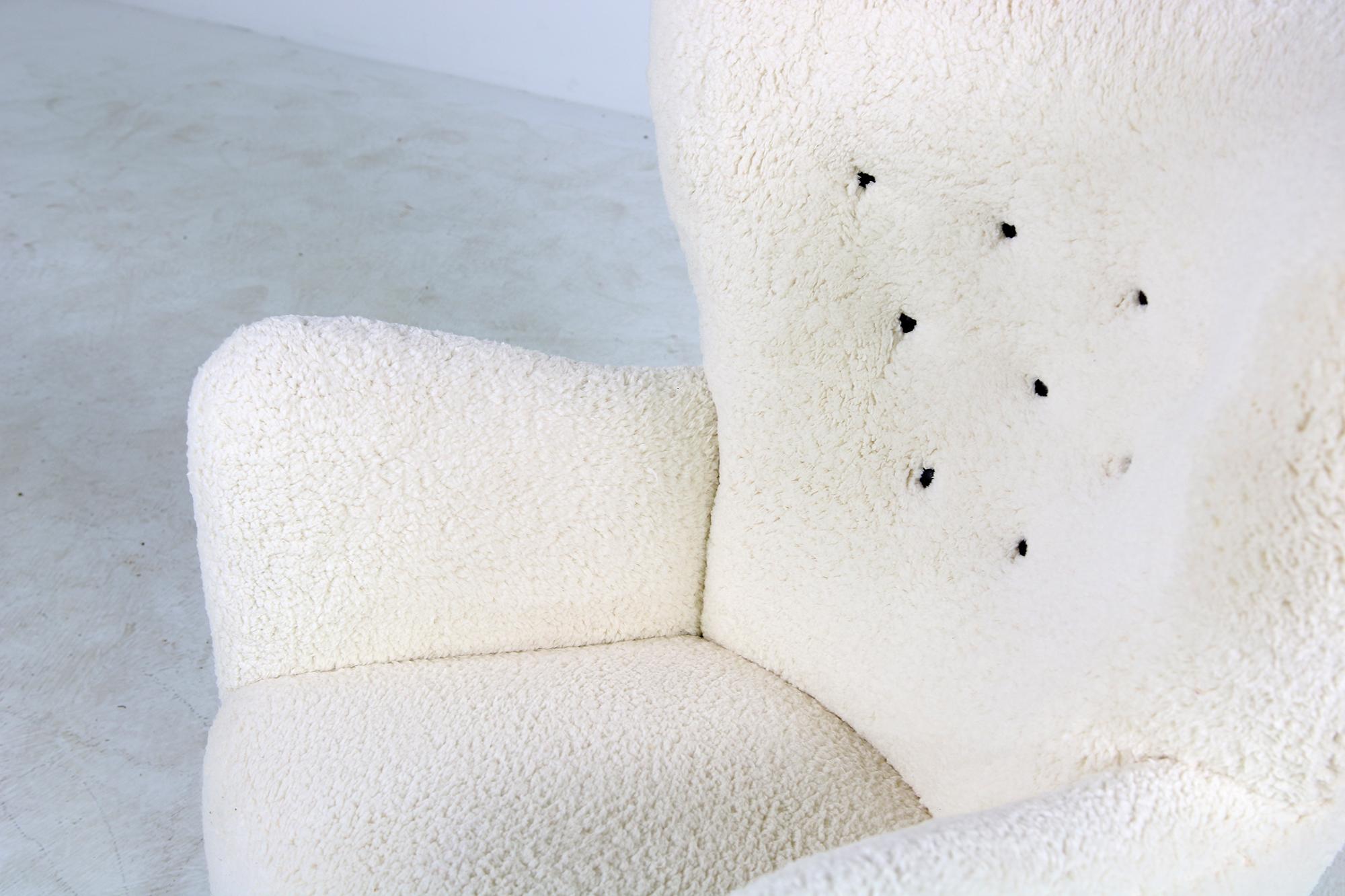 Silla Danesa Wingback Lounge 1950 Peluche y Cuero, Piel de Oveja Made in Denmark en venta 4
