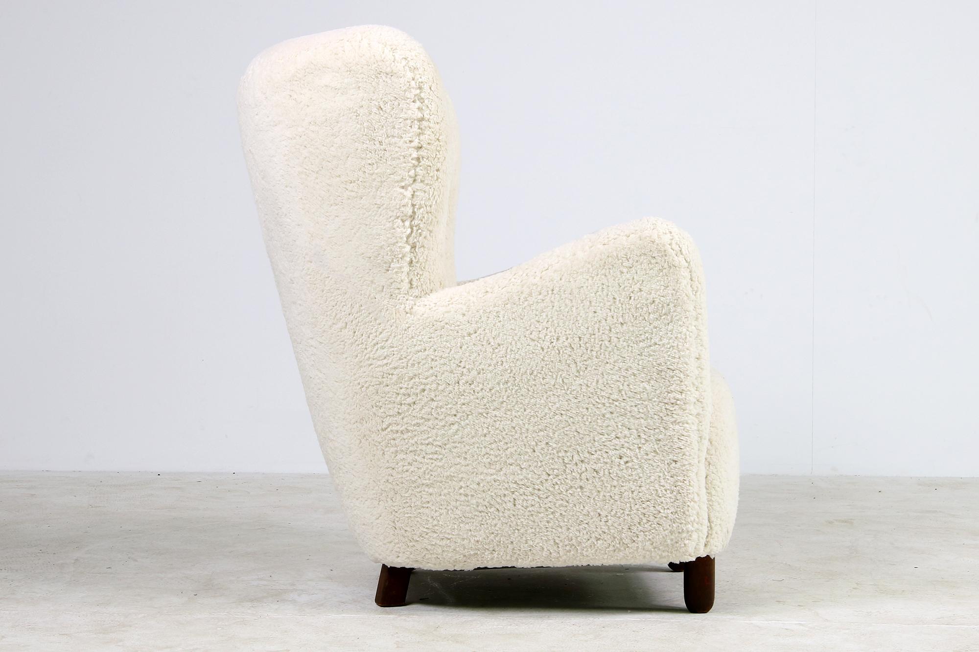 Mid-Century Modern Danish Wingback Lounge Chair 1950 Teddy Fur & Leather, Sheepskin Made in Denmark For Sale