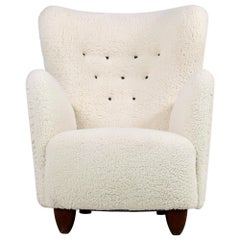 Silla Danesa Wingback Lounge 1950 Peluche y Cuero, Piel de Oveja Made in Denmark