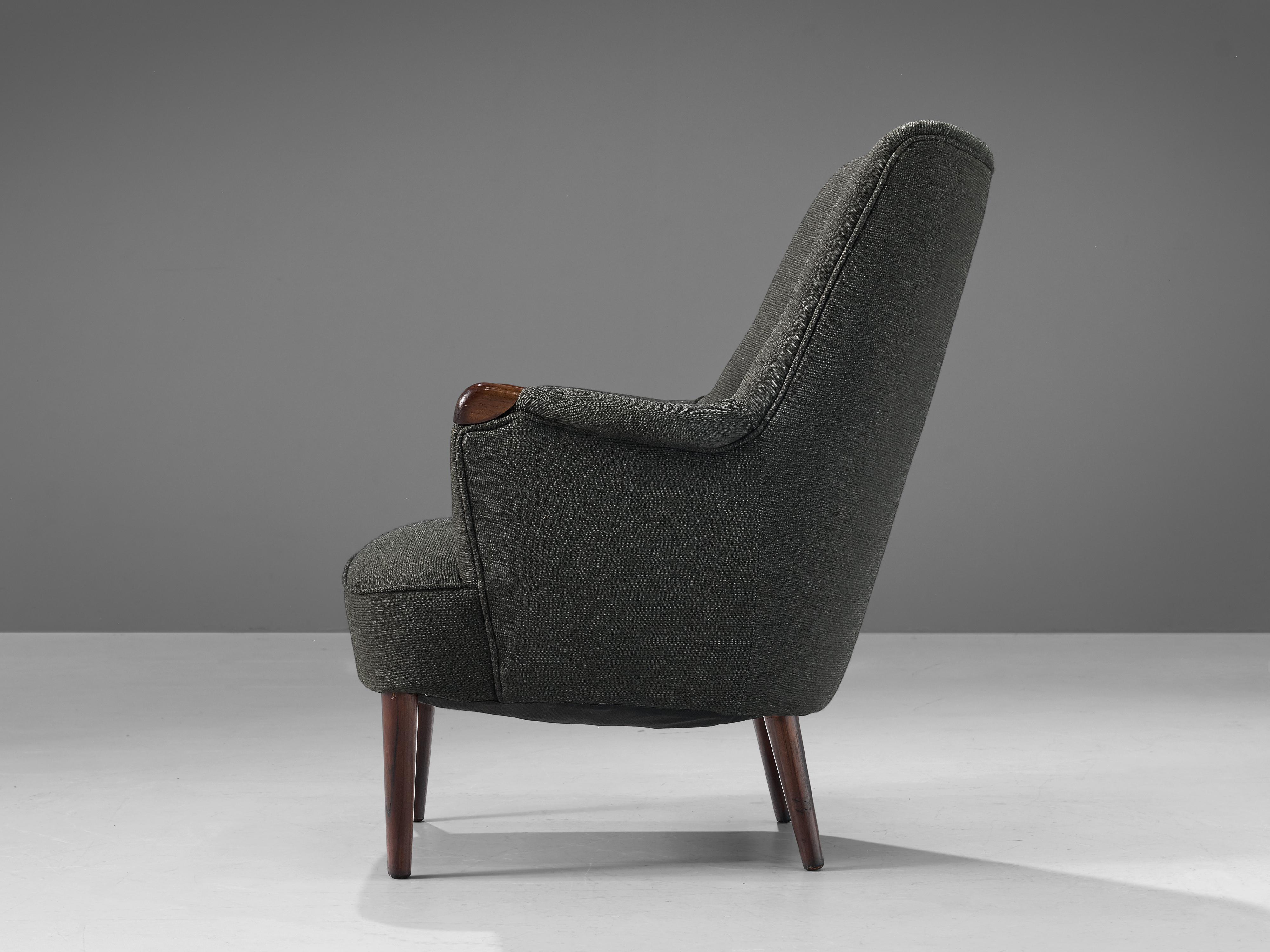 Mid-20th Century  Scandinavian Wingback Lounge Chair in Grey Upholstery and Teak For Sale