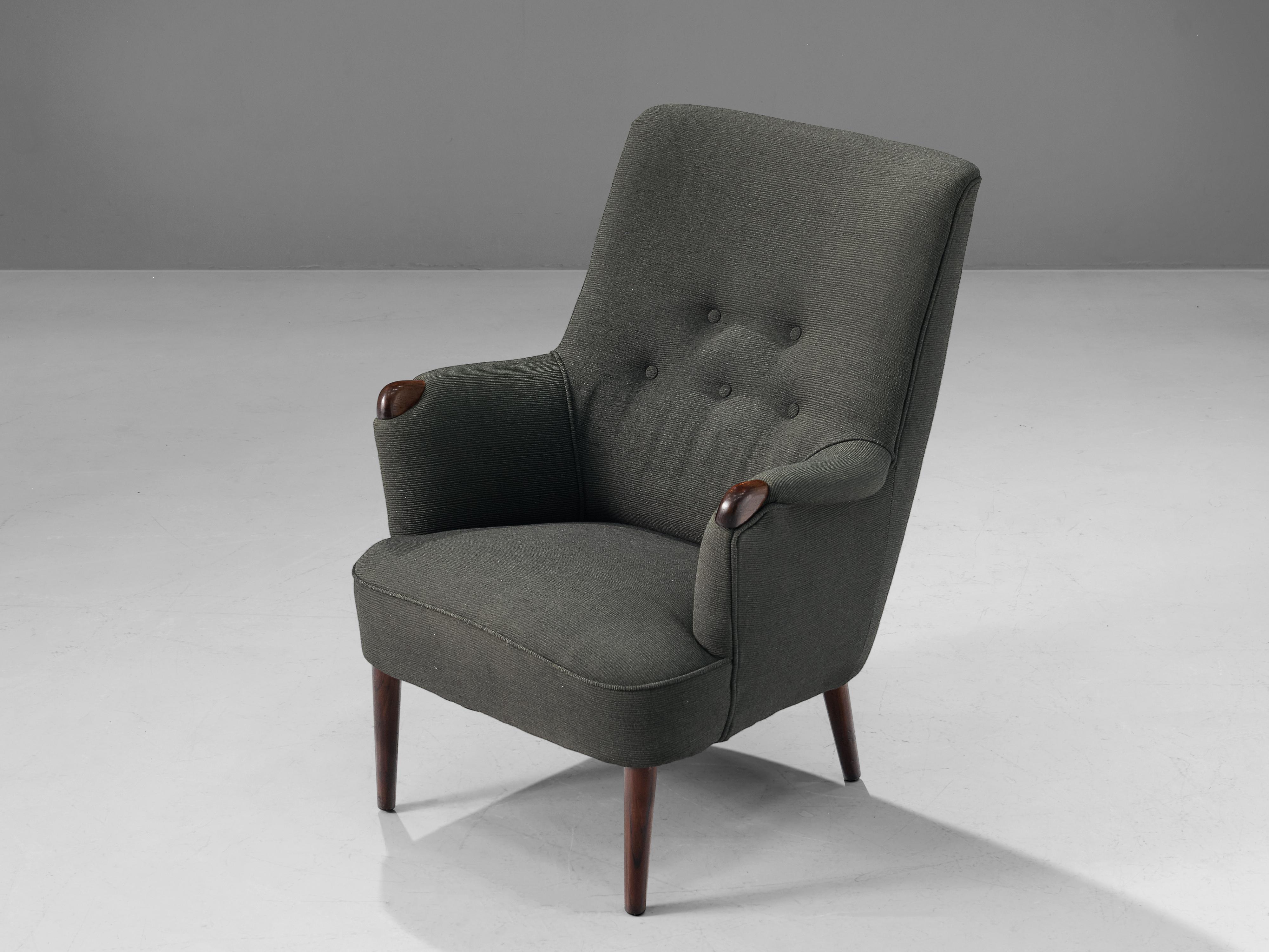 Mid-20th Century  Scandinavian Wingback Lounge Chair in Grey Upholstery and Teak For Sale