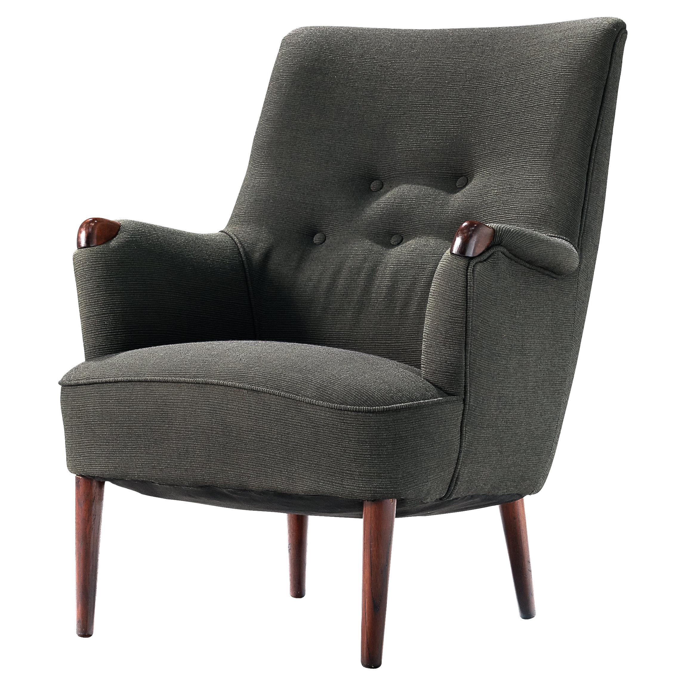  Scandinavian Wingback Lounge Chair in Grey Upholstery and Teak