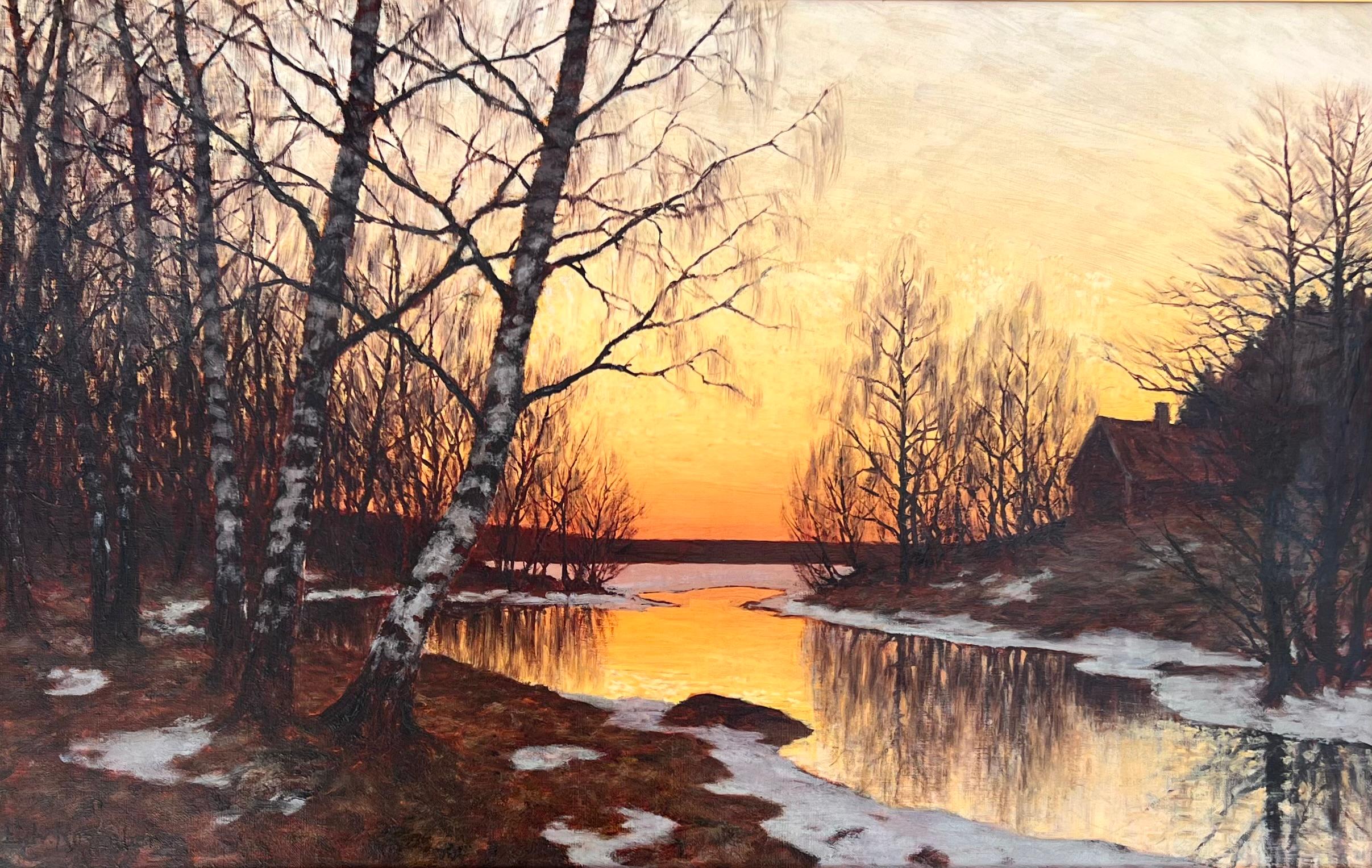 Oil on canvas, signed lower left.
A luminous sunset or sunrise winter scene from Scandinavia. 
Edvard Axel Rosenberg (Swedish School, 1858-1934) In many ways Edward Rosenberg was the archetypal Swedish painter, he was born in Stockholm in 1858 and