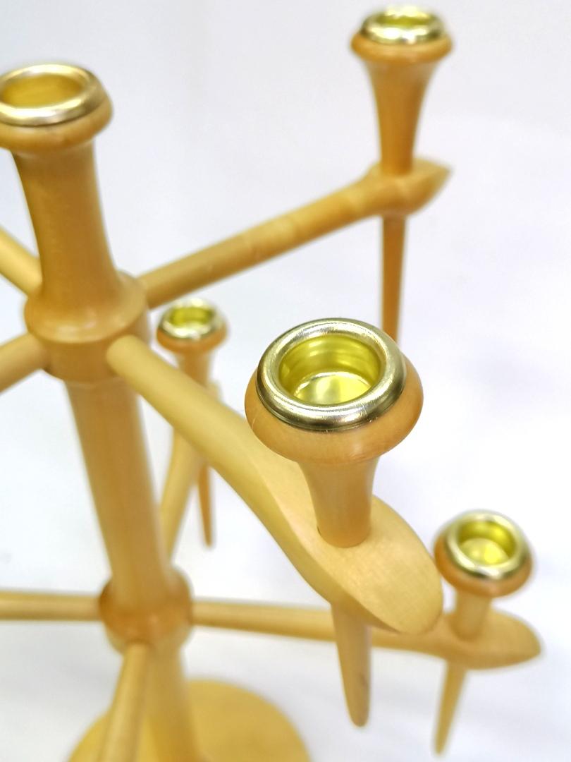 Brass Scandinavian Wooden Candelabra with 9 Arms, 1970s For Sale