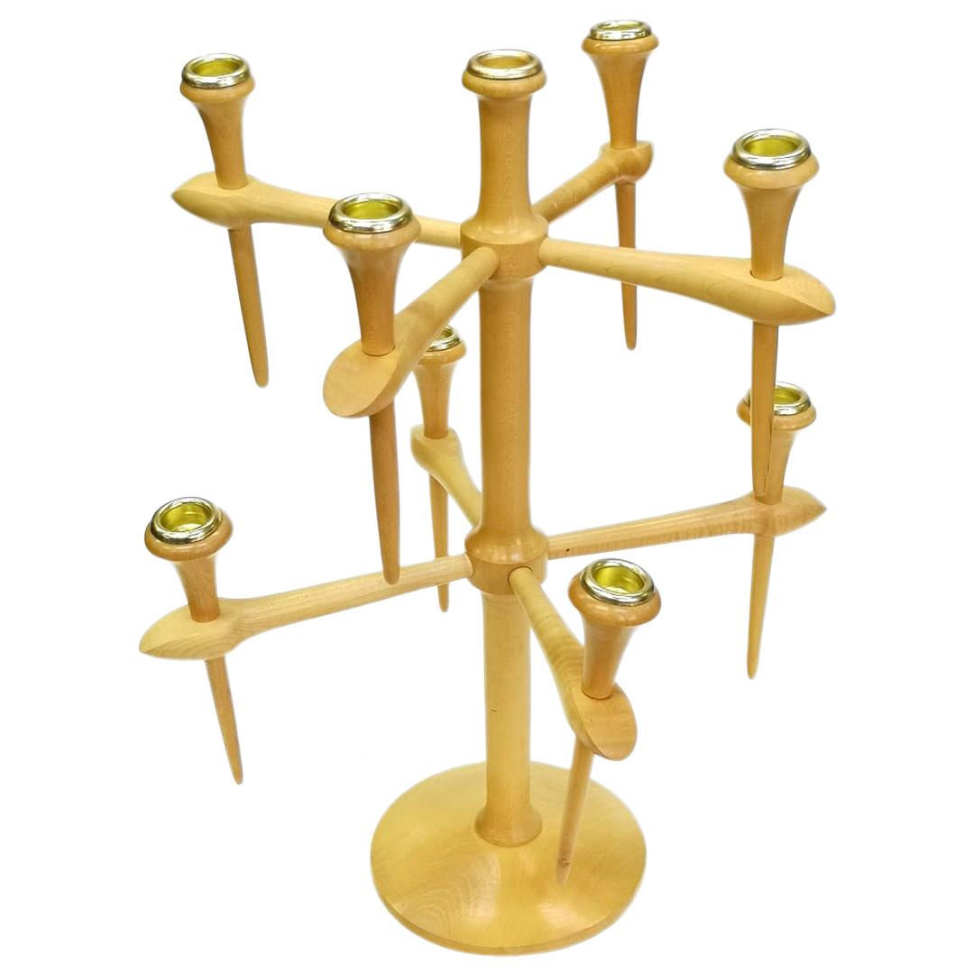 Scandinavian Wooden Candelabra with 9 Arms, 1970s For Sale