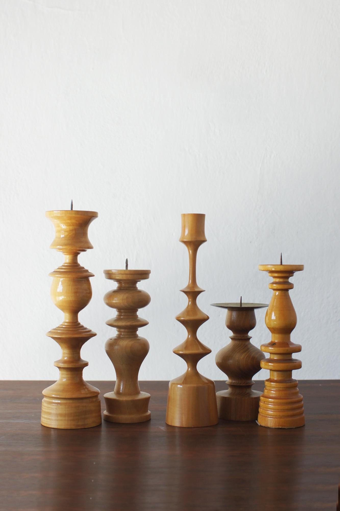 Scandinavian Modern Scandinavian Wooden Candleholders, Set of 5 For Sale