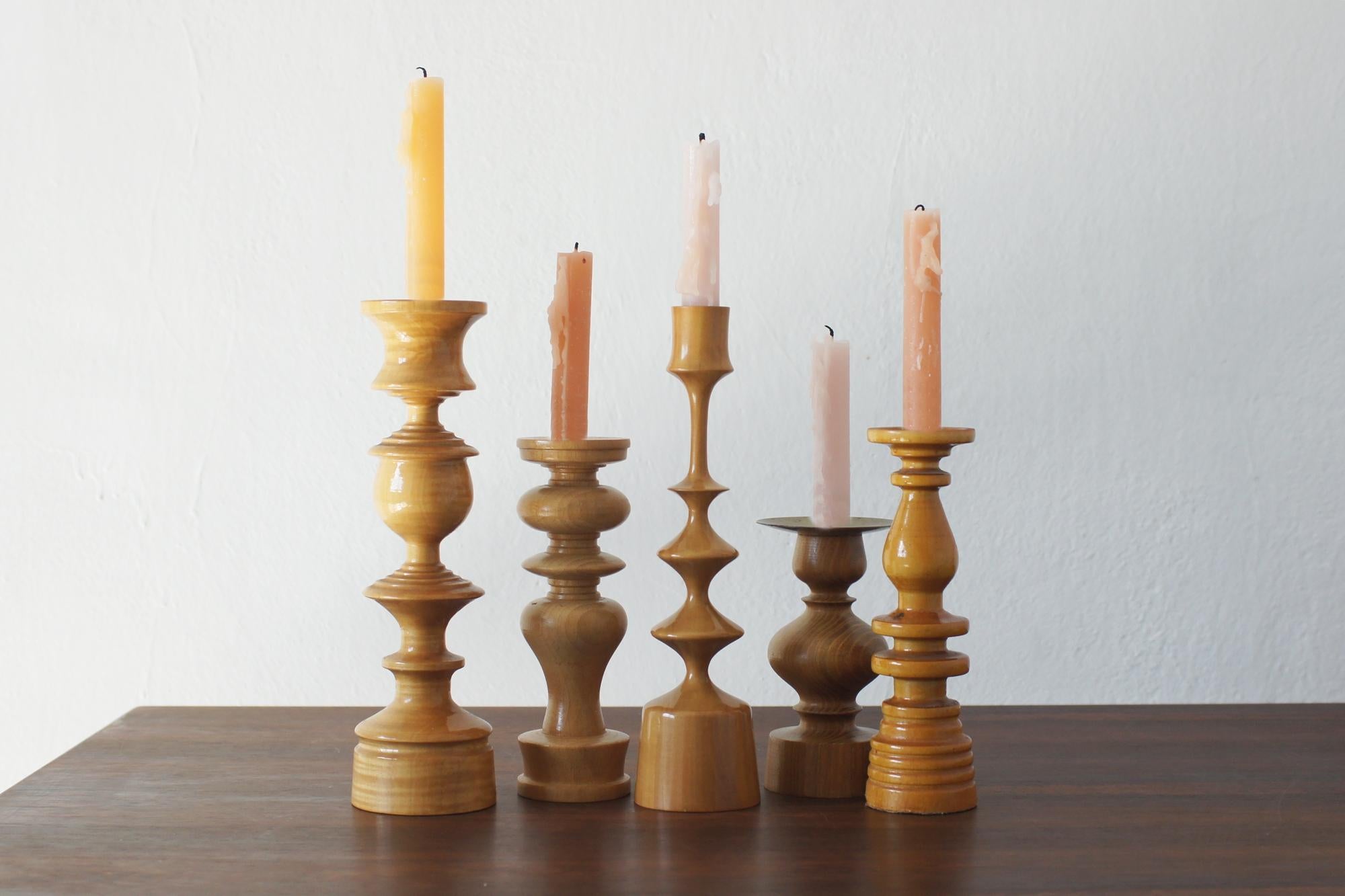Scandinavian Wooden Candleholders, Set of 5 In Good Condition For Sale In KUTNO, PL