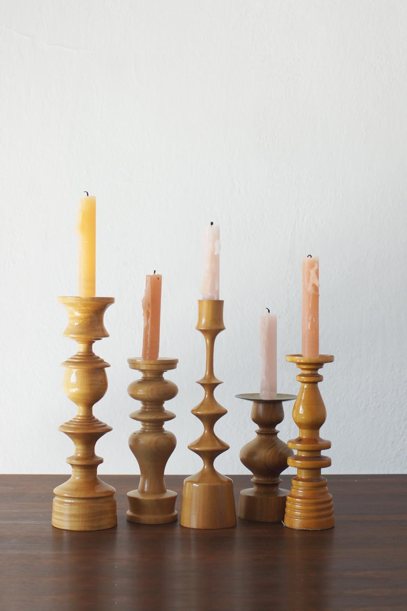 Mid-20th Century Scandinavian Wooden Candleholders, Set of 5 For Sale