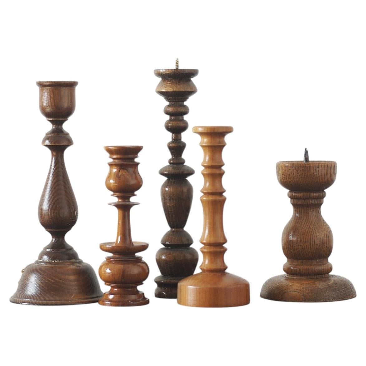 Scandinavian Wooden Candleholders, Set of 5