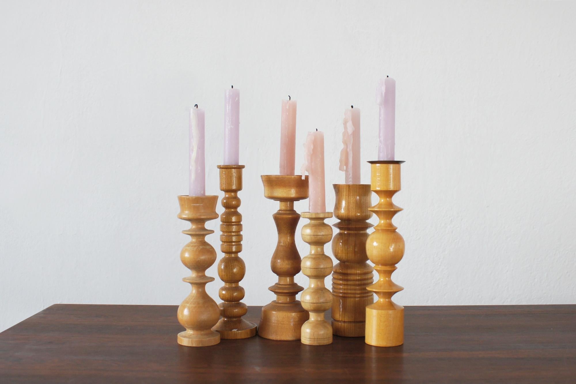 Scandinavian Modern Scandinavian Wooden Candleholders, Set of 6 For Sale