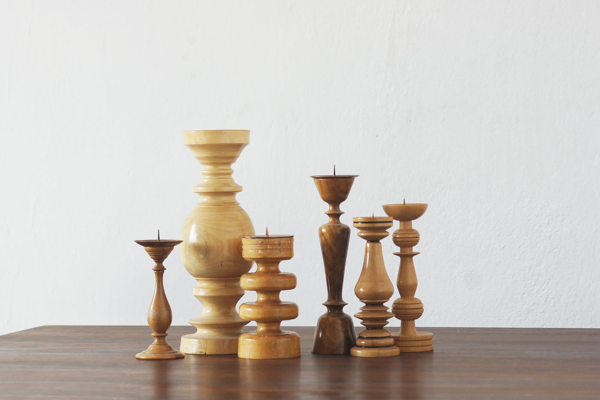 Scandinavian Modern Scandinavian Wooden Candleholders, Set of 6 For Sale