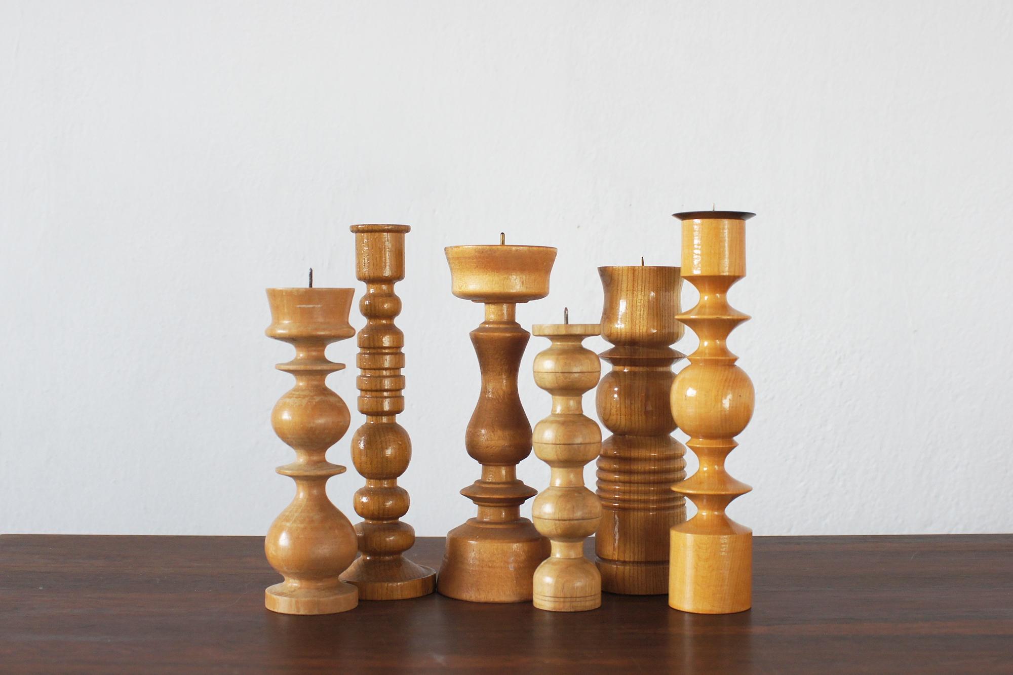 Scandinavian Wooden Candleholders, Set of 6 In Good Condition For Sale In KUTNO, PL