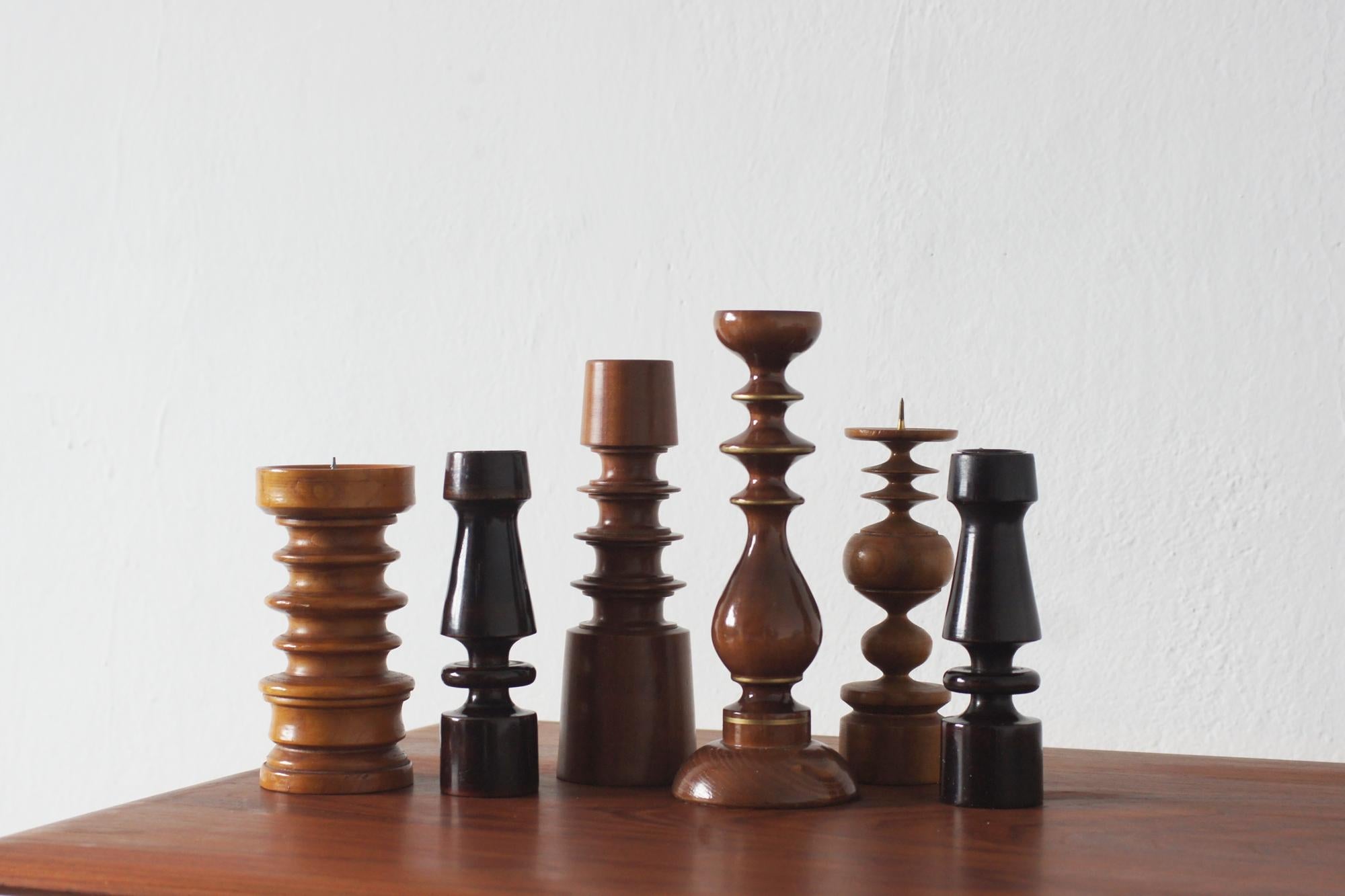 Mid-20th Century Scandinavian Wooden Candleholders, Set of 6 For Sale