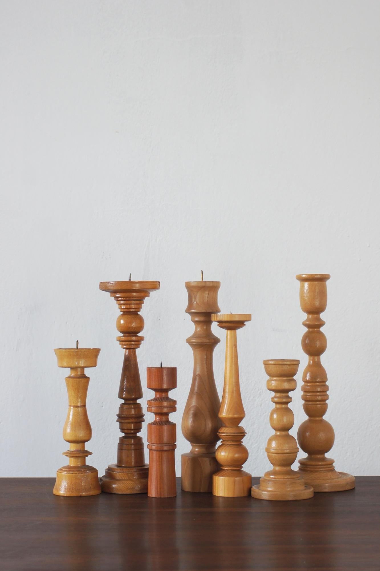 Scandinavian Wooden Candleholders, Set of 7 In Good Condition For Sale In KUTNO, PL