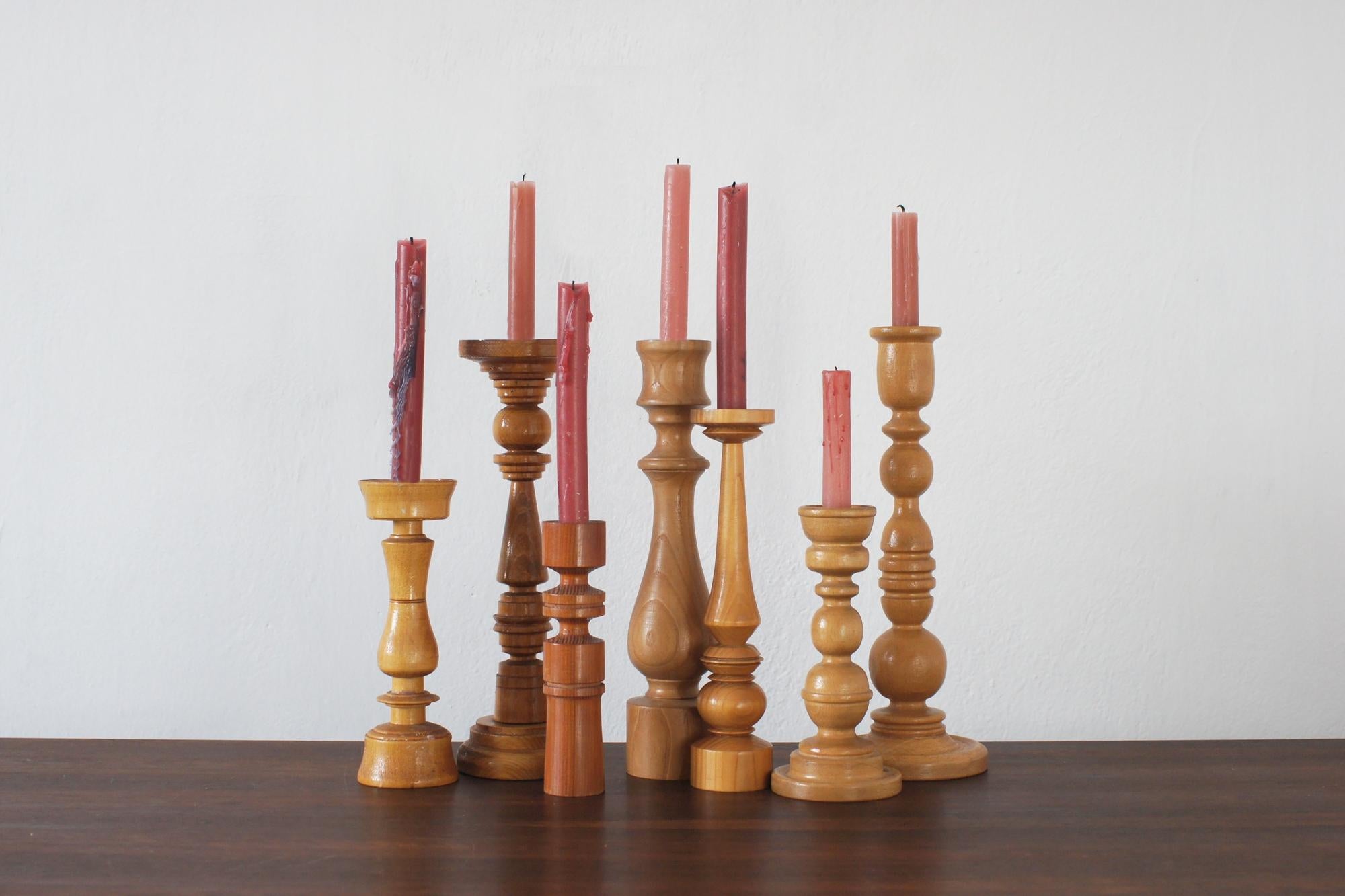 Mid-20th Century Scandinavian Wooden Candleholders, Set of 7 For Sale