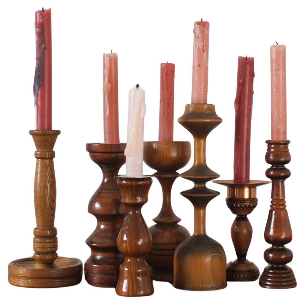 Scandinavian Wooden Candleholders, Set of 7