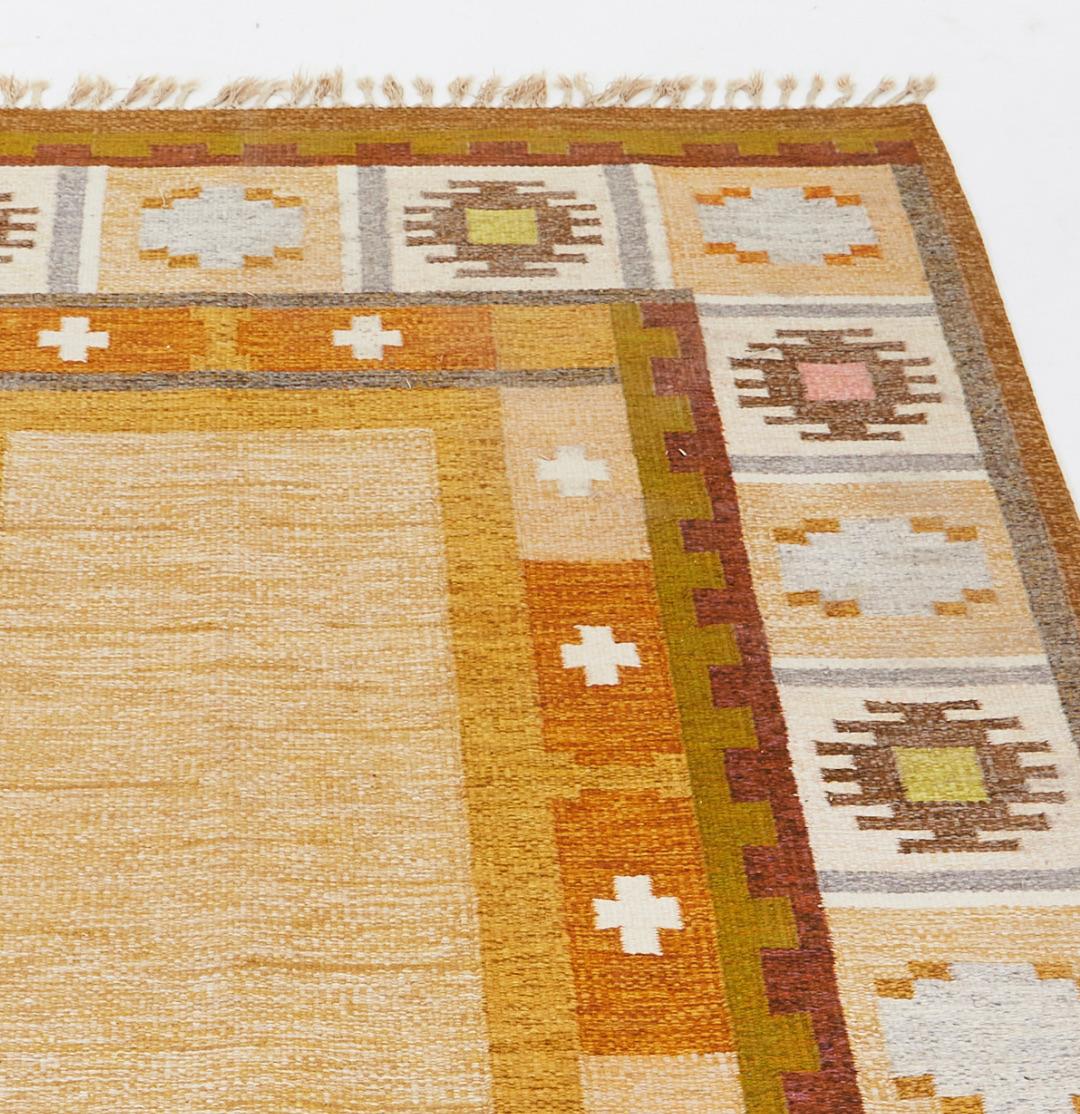 Swedish Scandinavian Yellow and ochre flat weave rug signed IS by Ingegerd Silow For Sale
