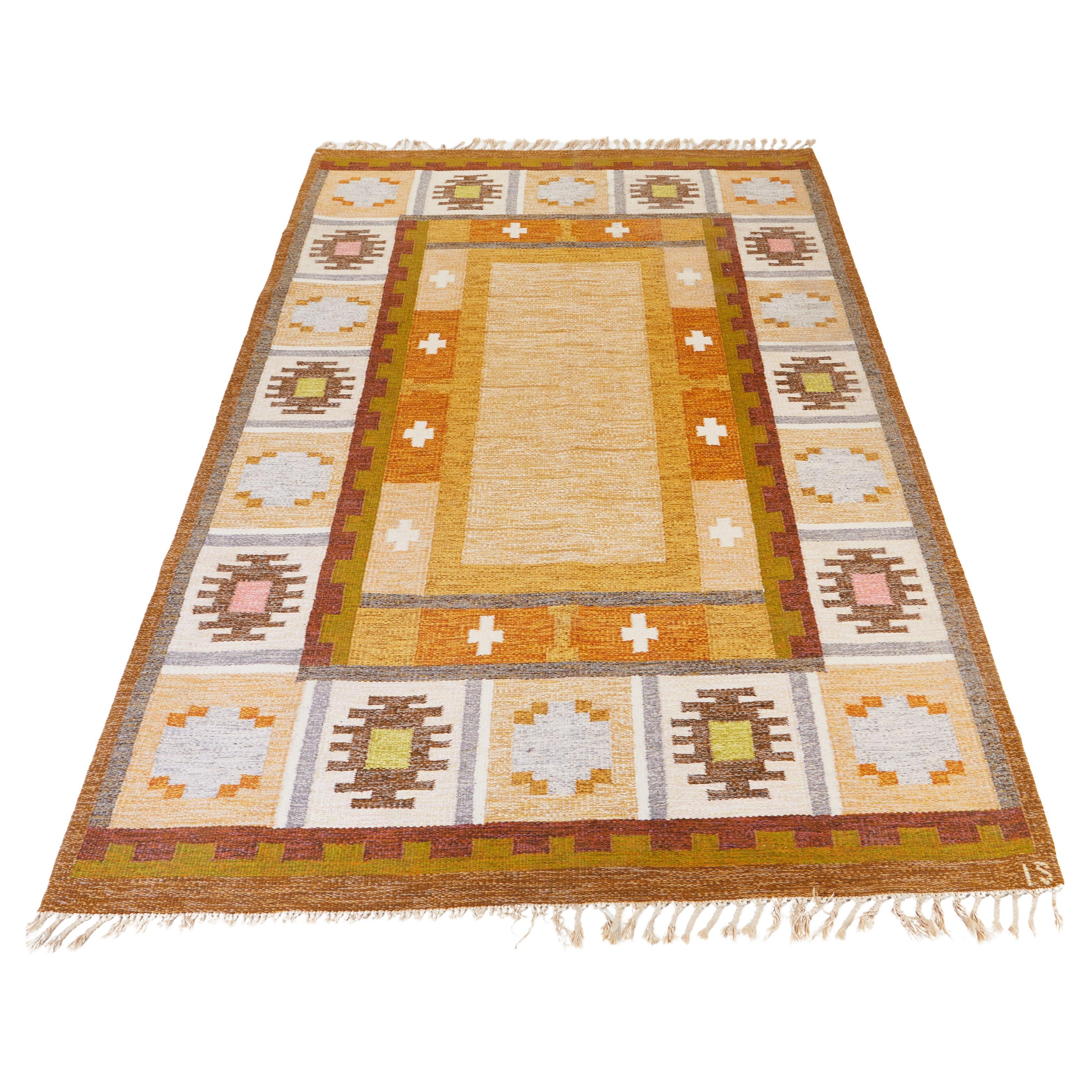 Scandinavian Yellow and ochre flat weave rug signed IS by Ingegerd Silow For Sale
