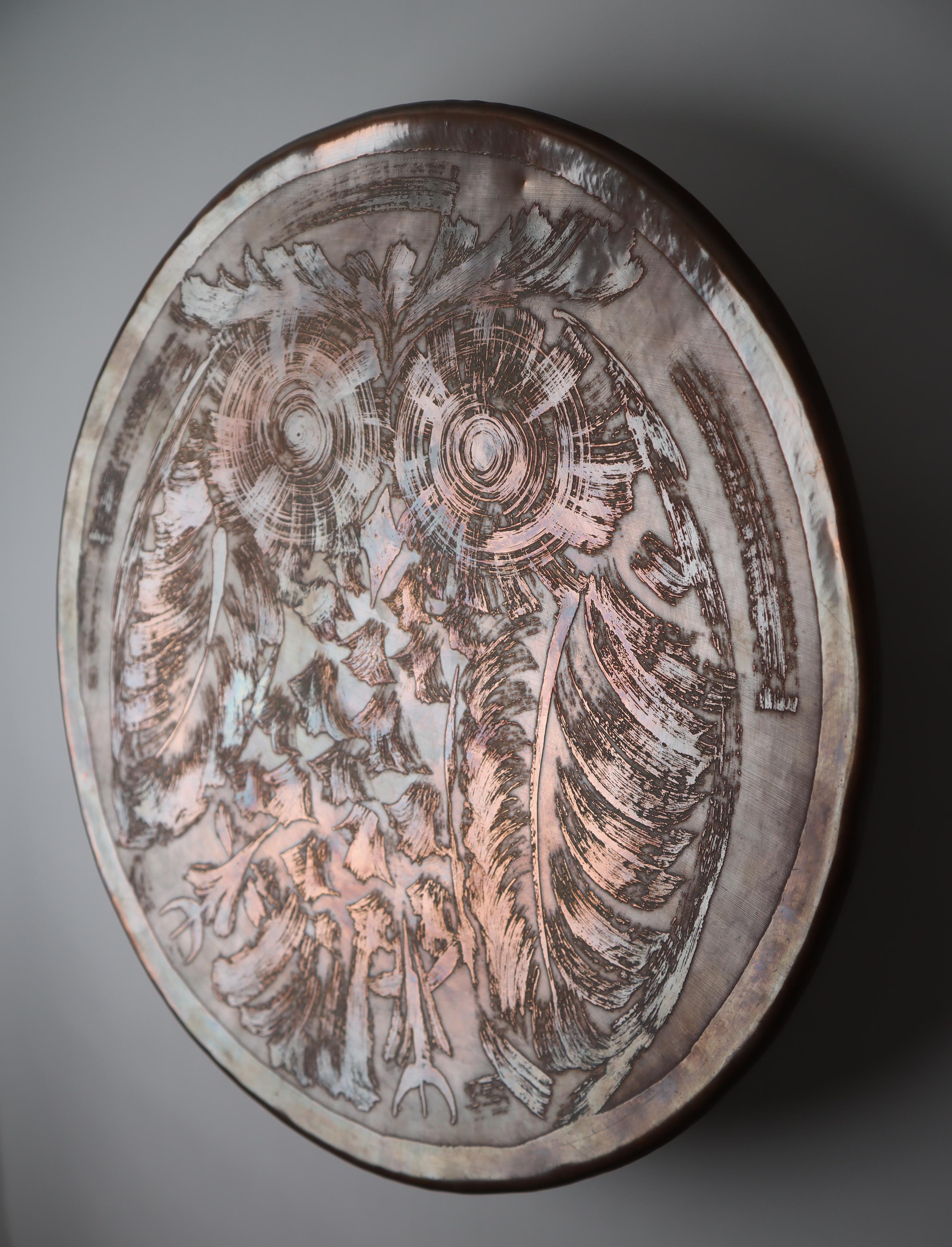 Etched Scandinavien Copper Aurora Wall Lights with Owls motive, Denmark 1950s For Sale