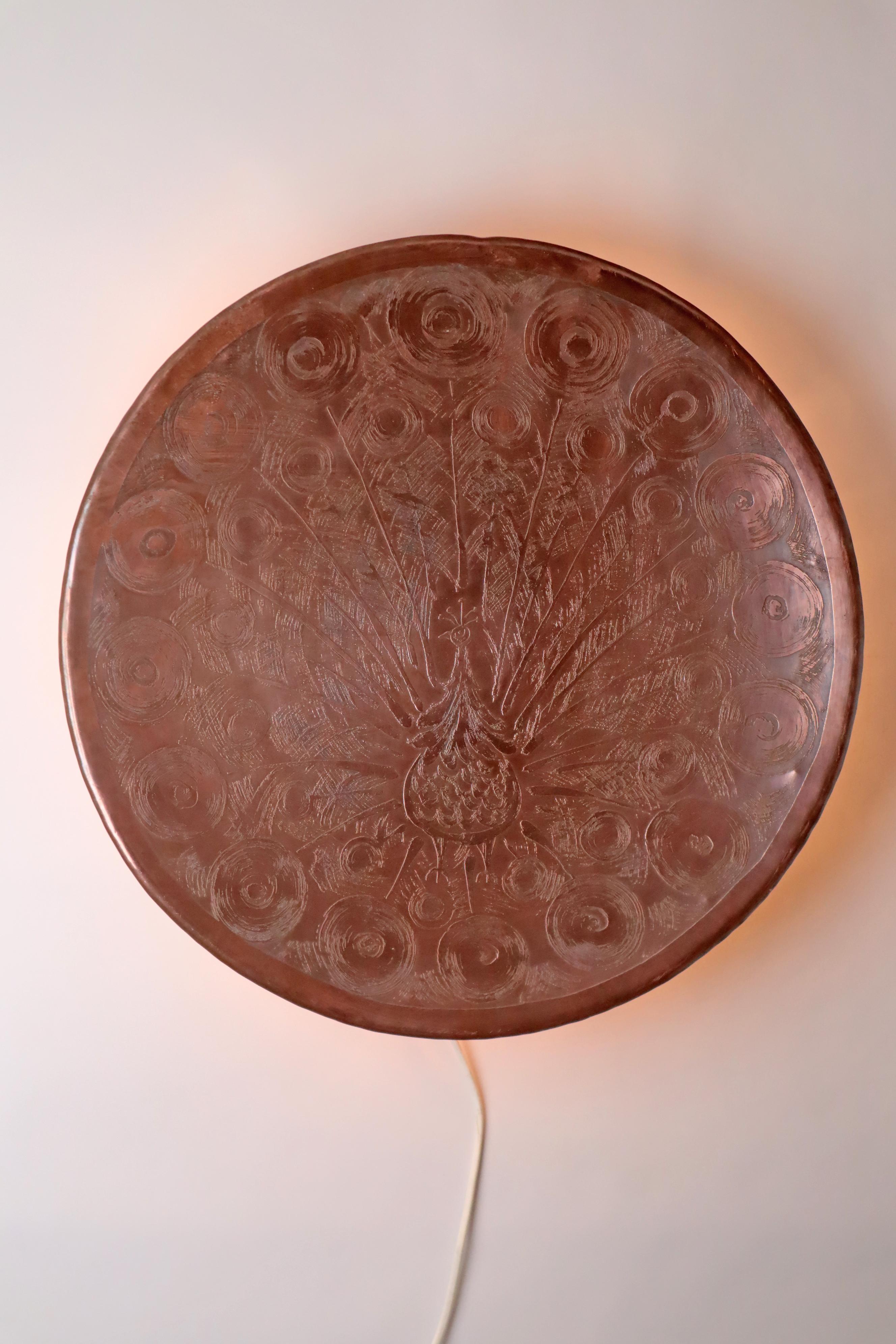 Apliques de cobre escandinavos Aurora con motivo de pavo real, Dinamarca Años 50 en Bueno estado para la venta en Hannover, DE