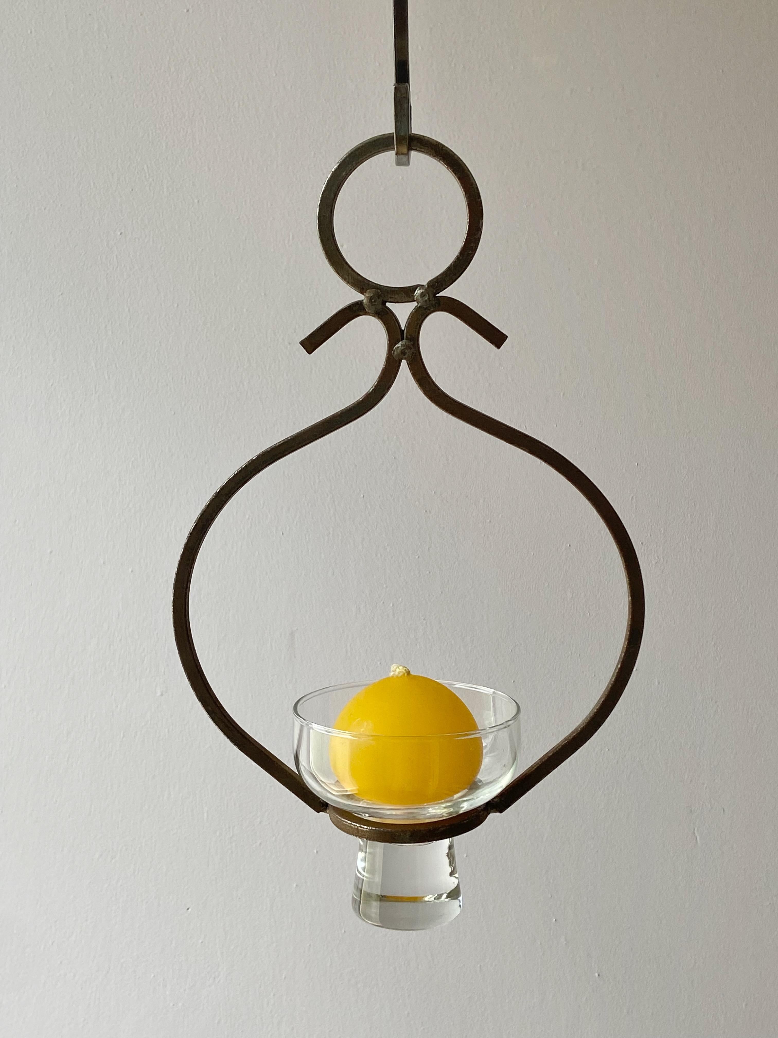 Scandinavien Wrought Iron Chandelier for one Light 1960's Metal Glass For Sale 4