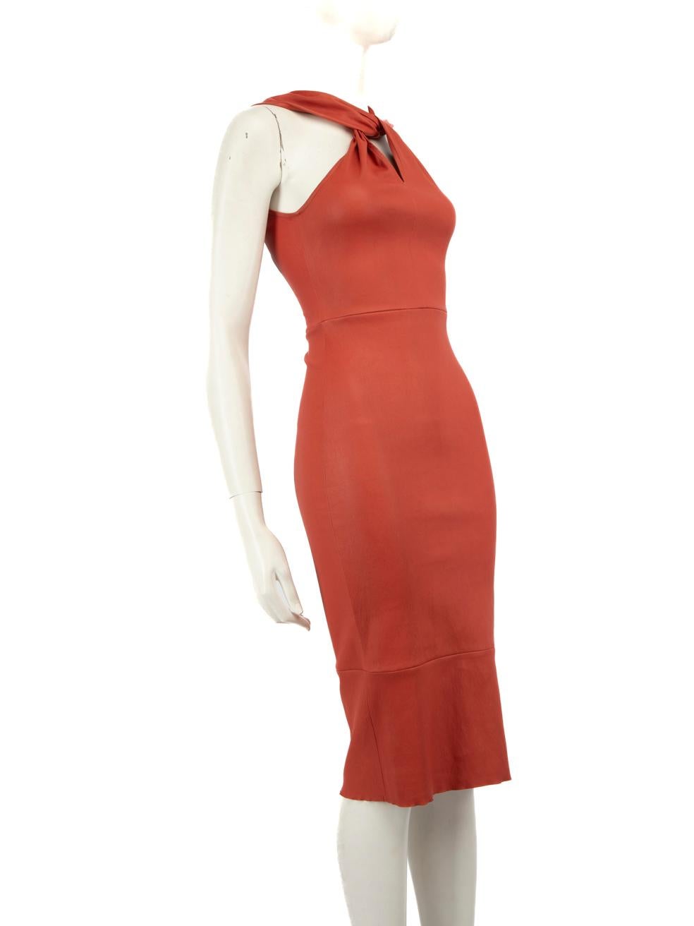 CONDITION is Very good. Hardly any visible wear to dress is evident on this used Scanlan & Theodore designer resale item.
 
 Details
 Red
 Leather
 Dress
 Midi
 Sleeveless
 Round neck
 Back zip fastening
 
 
 Made in Australia
 
 Composition

