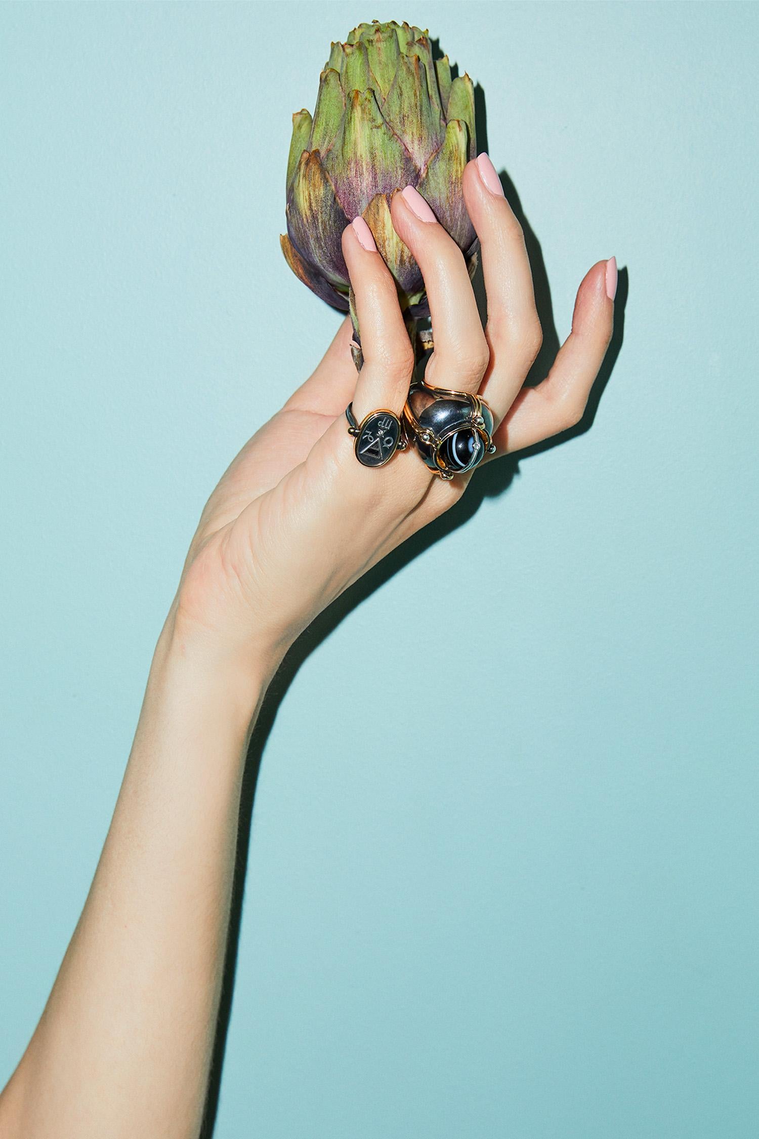 Round Cut Scaphandre Ring Onyx by Elie Top For Sale