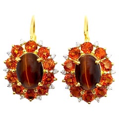 Scapolite Cat's Eye, Orange Sapphire and Diamond Earrings set in 18K Gold