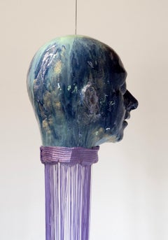 Air, Kinetic Refractory Ceramic Head with Cobalt & Copper Glazes and Textile