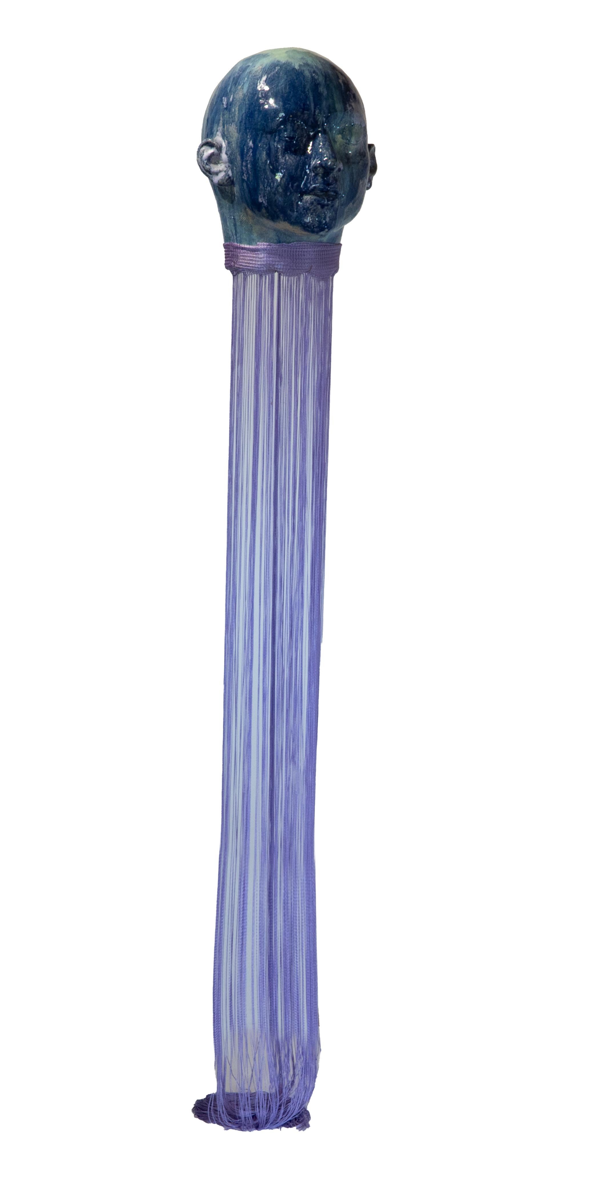 Óscar Aldonza Torres Figurative Sculpture - Kinetic Hanging Ceramic Head Sculpture with Textile Threads "Air"