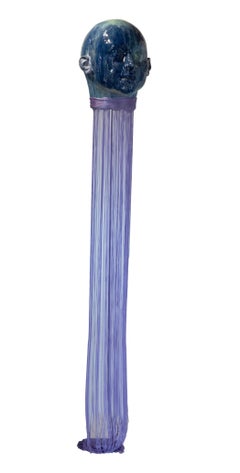 Kinetic Hanging Ceramic Head Sculpture with Textile Threads "Air"