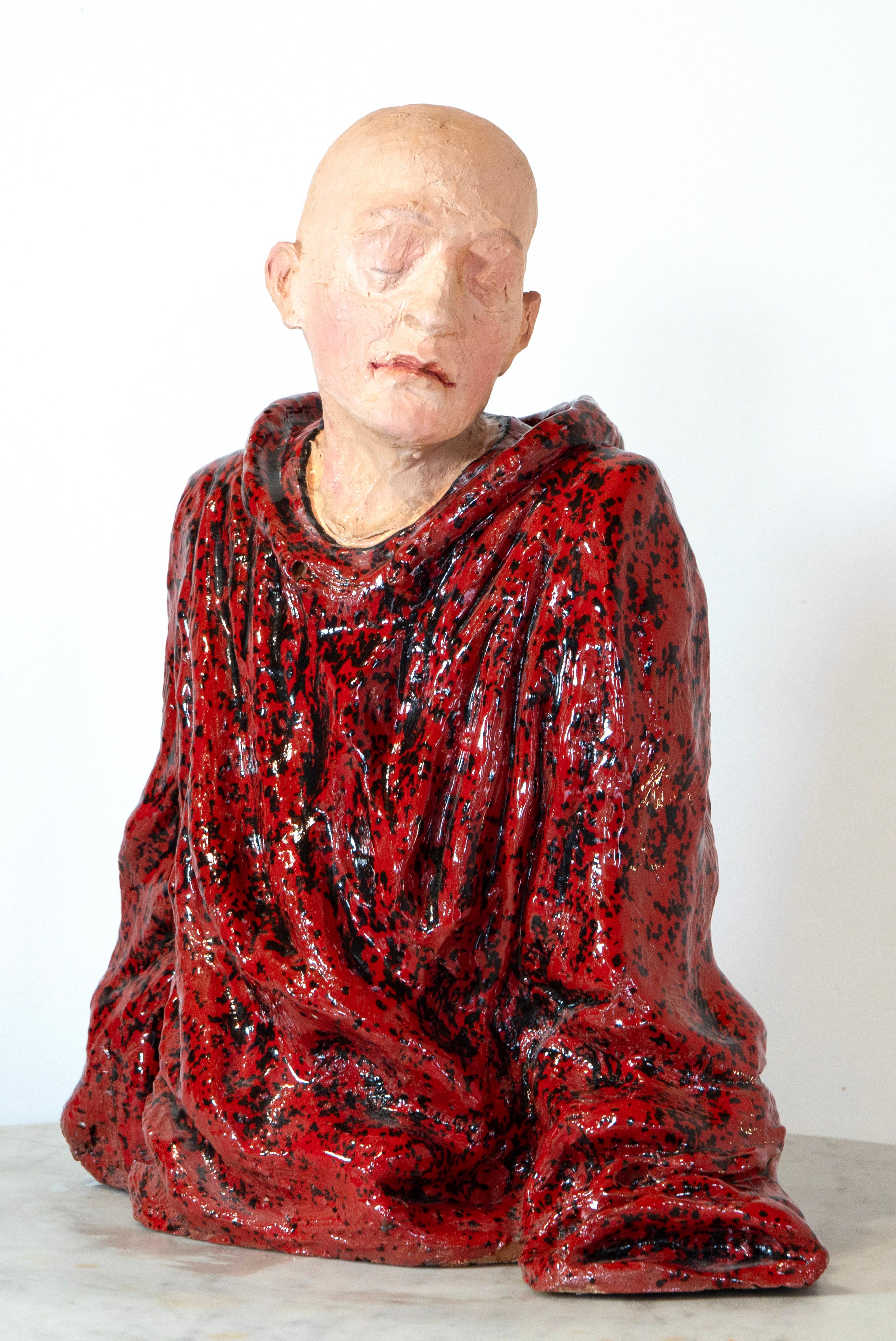 Bald Man in Red Cloak. Low-Fired Glazed Ceramic and Oil-Painted Head, Contempory For Sale 5