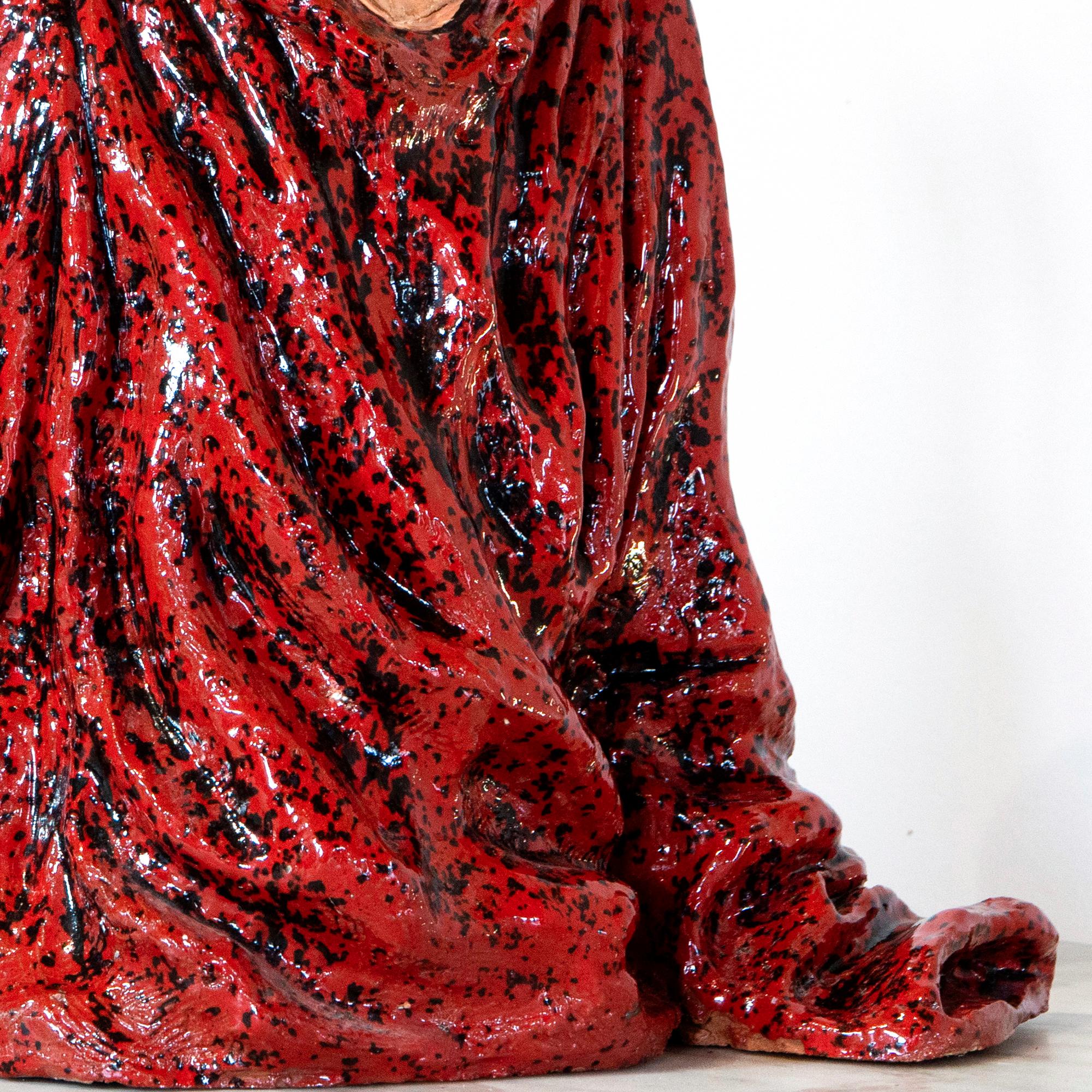Bald Man in Red Cloak. Low-Fired Glazed Ceramic and Oil-Painted Head, Contempory For Sale 6